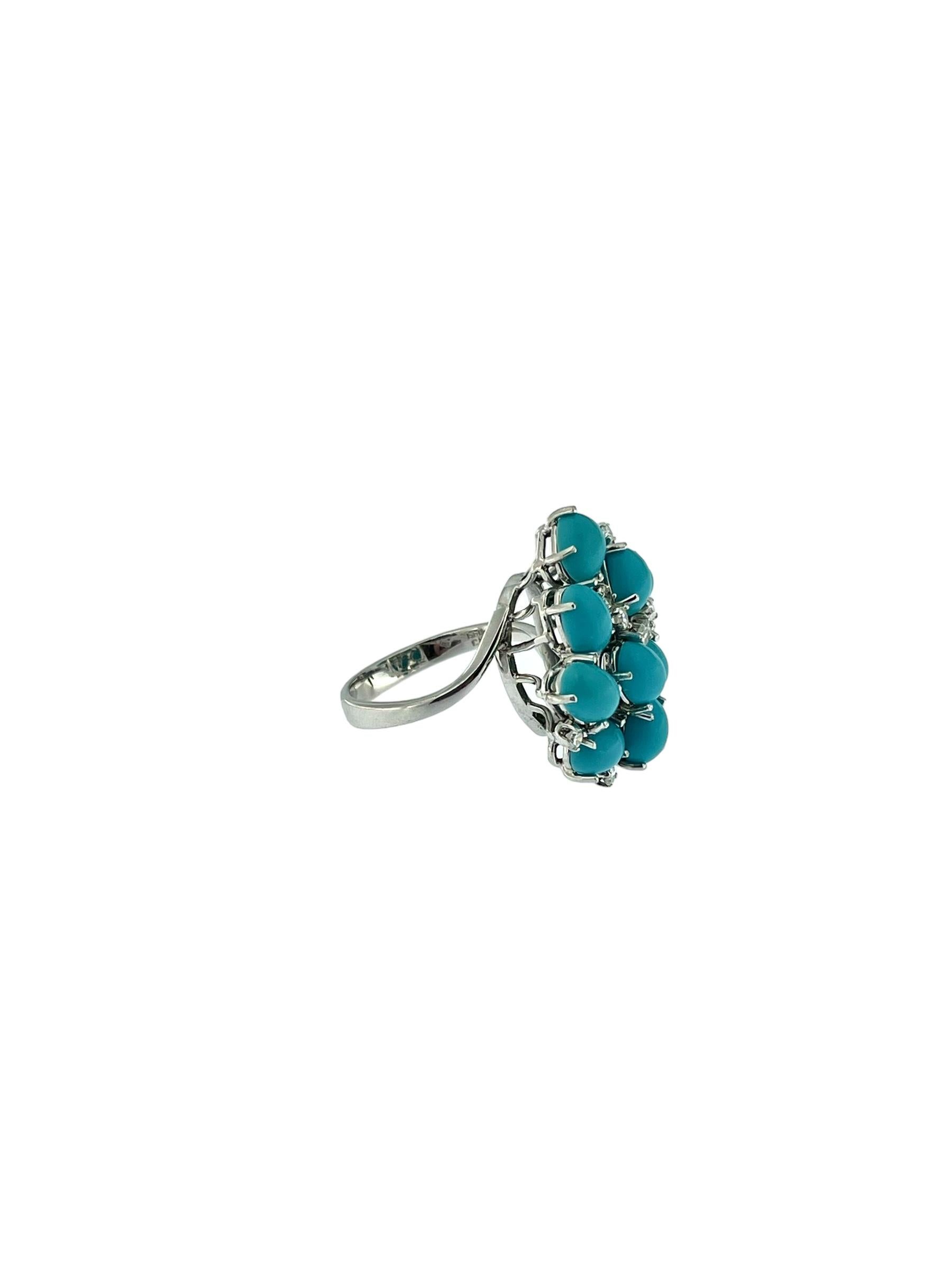 Artisan French Cocktail Ring White Gold Turquoise and Diamonds For Sale