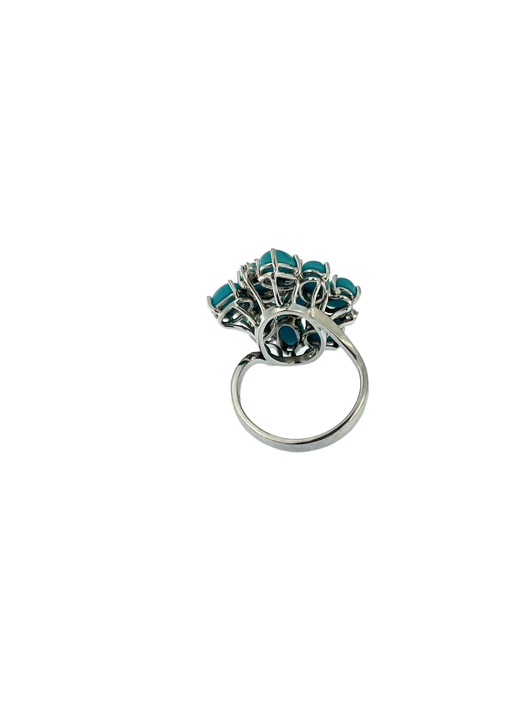 Mixed Cut French Cocktail Ring White Gold Turquoise and Diamonds For Sale