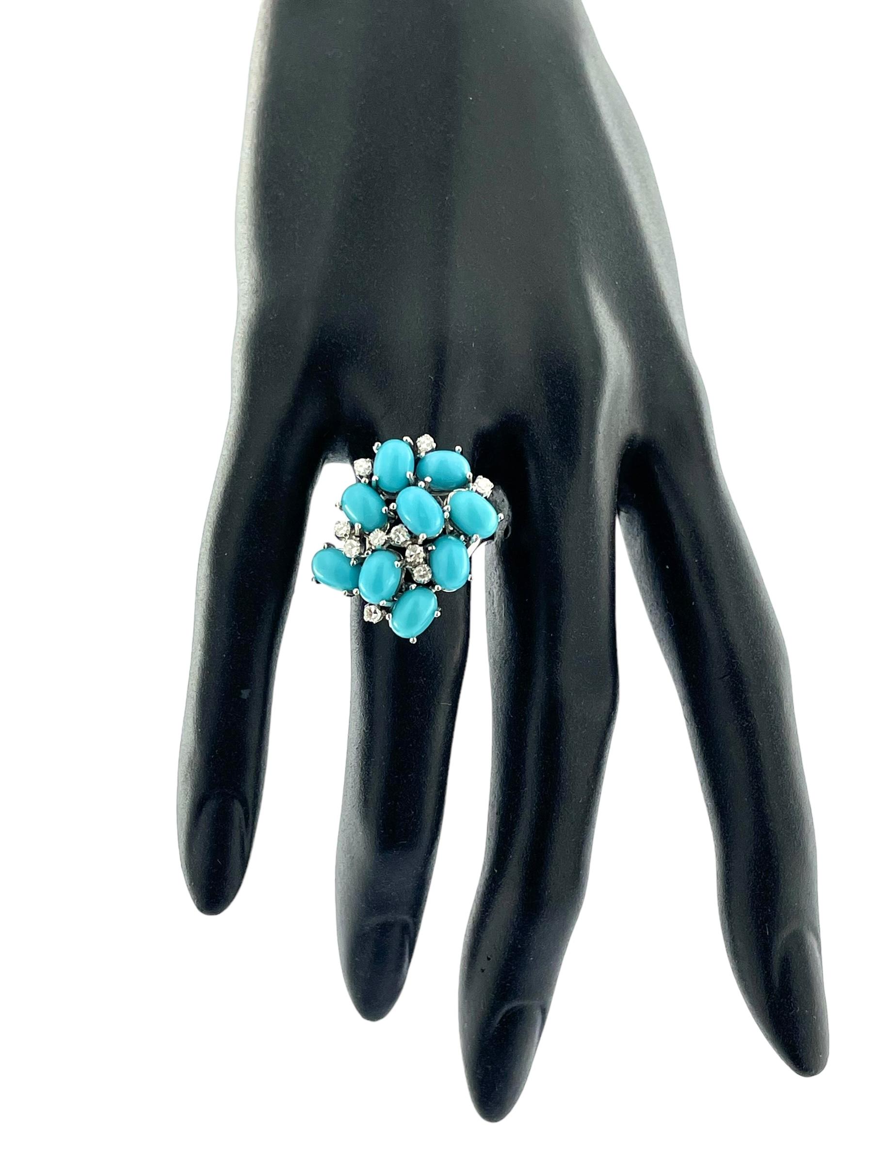 French Cocktail Ring White Gold Turquoise and Diamonds In Good Condition For Sale In Esch sur Alzette, Esch-sur-Alzette