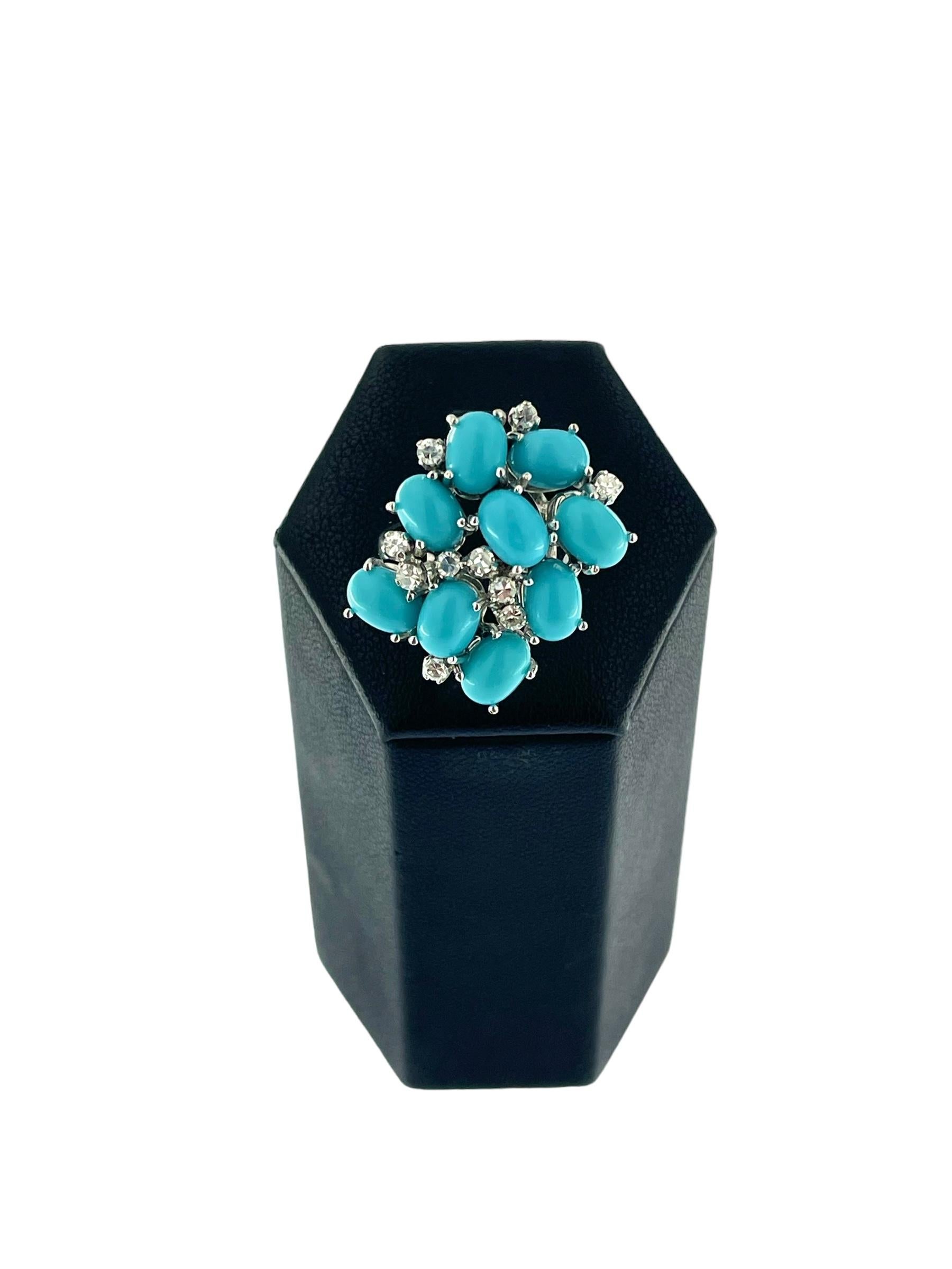 French Cocktail Ring White Gold Turquoise and Diamonds For Sale 1
