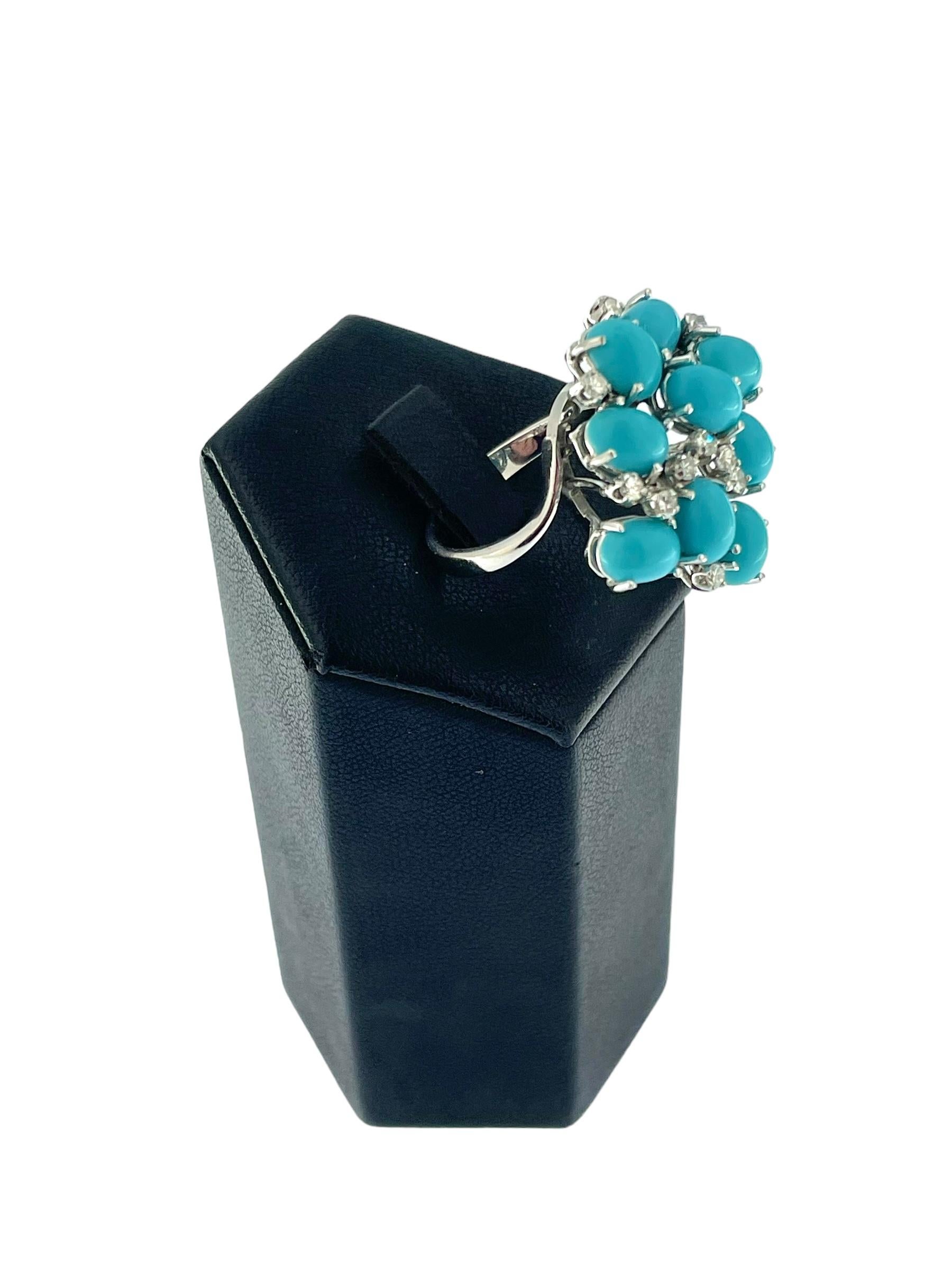 French Cocktail Ring White Gold Turquoise and Diamonds For Sale 2