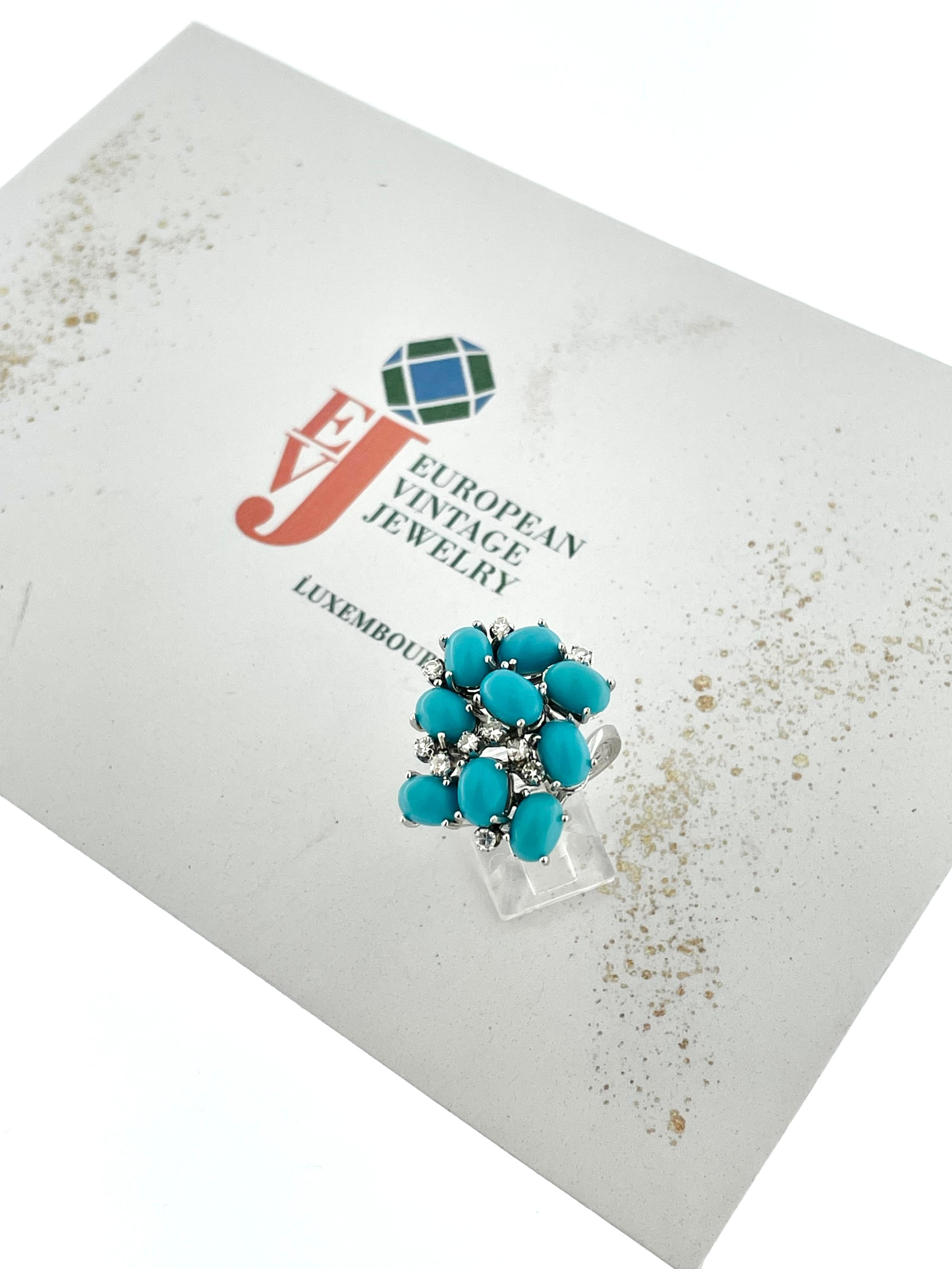 French Cocktail Ring White Gold Turquoise and Diamonds For Sale 3