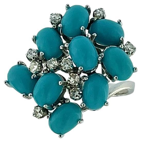 Bague cocktail française en or blanc, turquoise et diamants