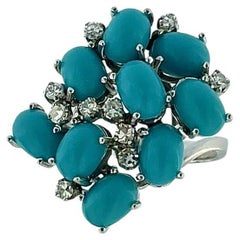Bague cocktail française en or blanc, turquoise et diamants