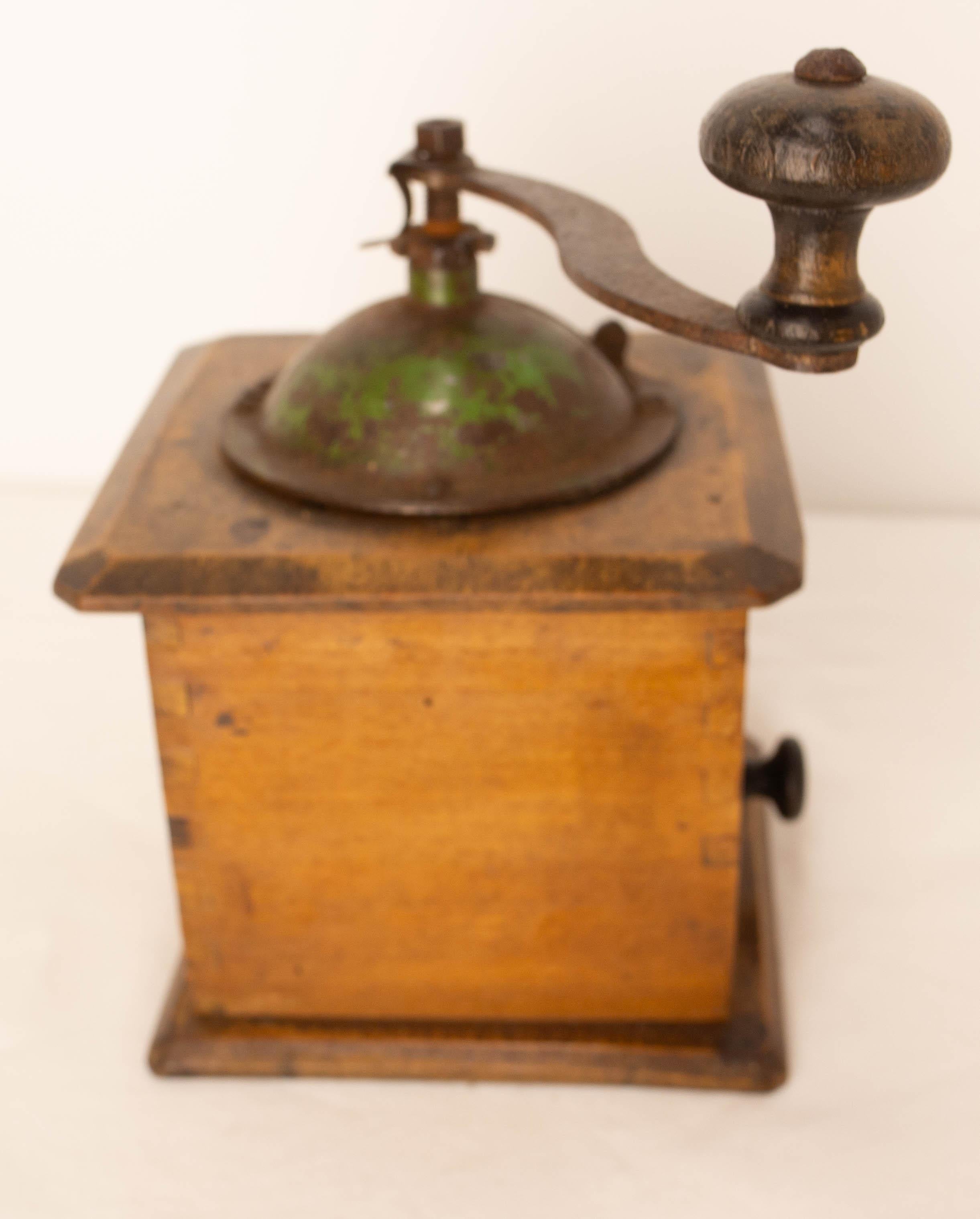 Glass French Coffee Grinder with Drawer, Iron and Wood, circa 1900 For Sale