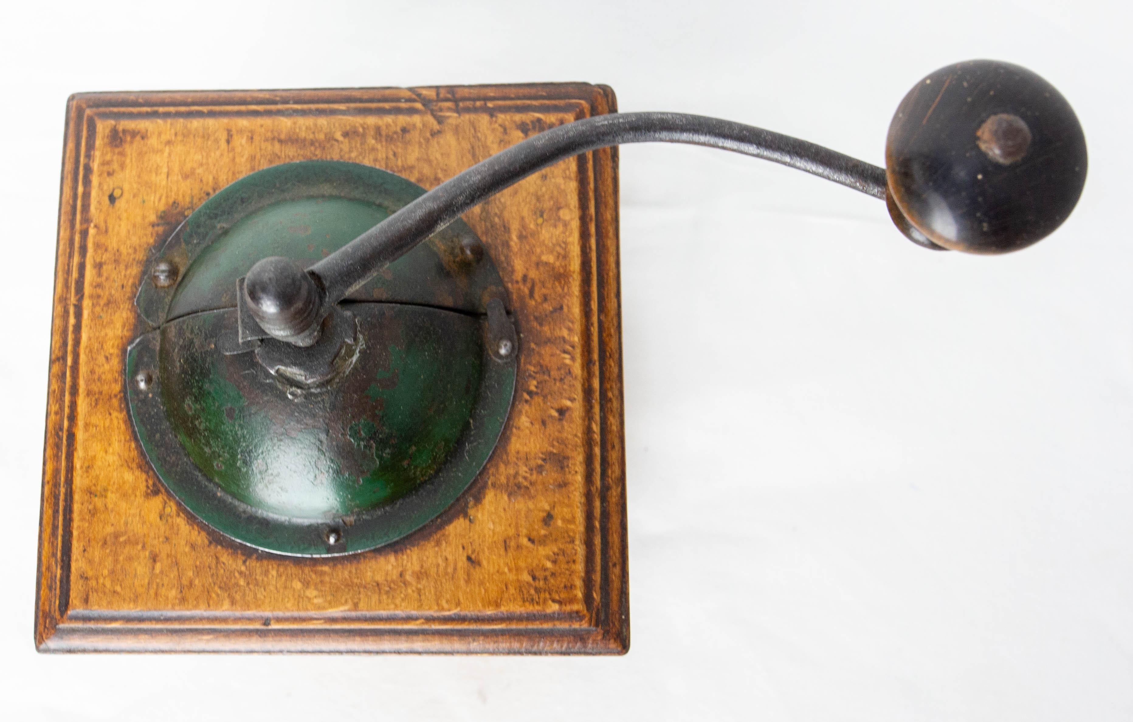 Glass French Coffee Grinder with Drawer, Iron and Wood, circa 1900