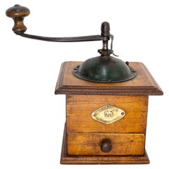 Antique French Coffee Grinder with Drawer, Iron and Wood, circa 1900