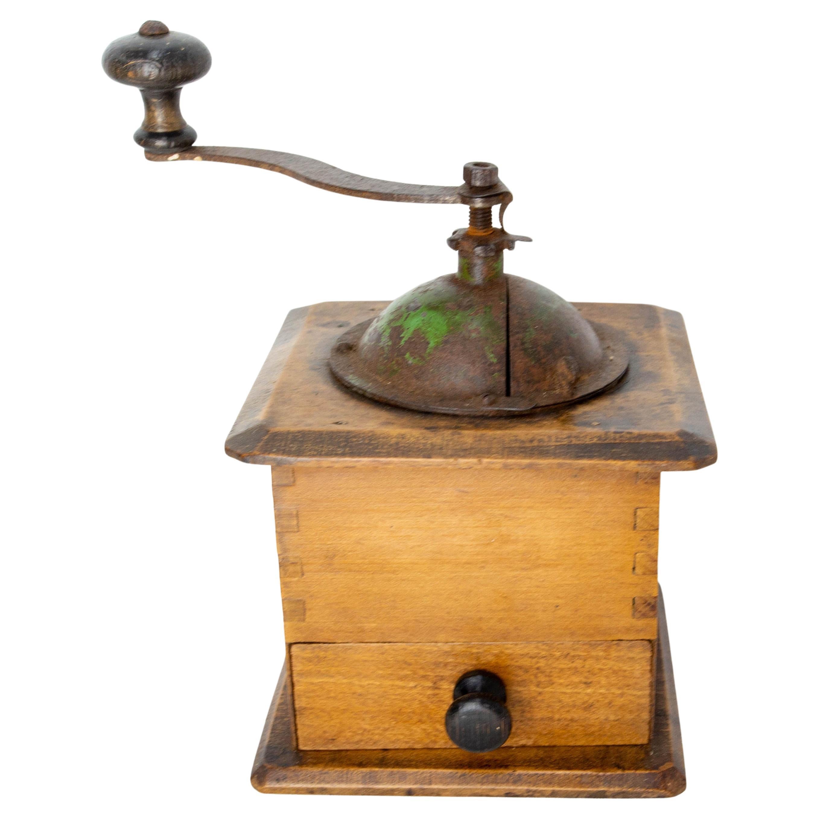 French Coffee Grinder with Drawer, Iron and Wood, circa 1900 For Sale