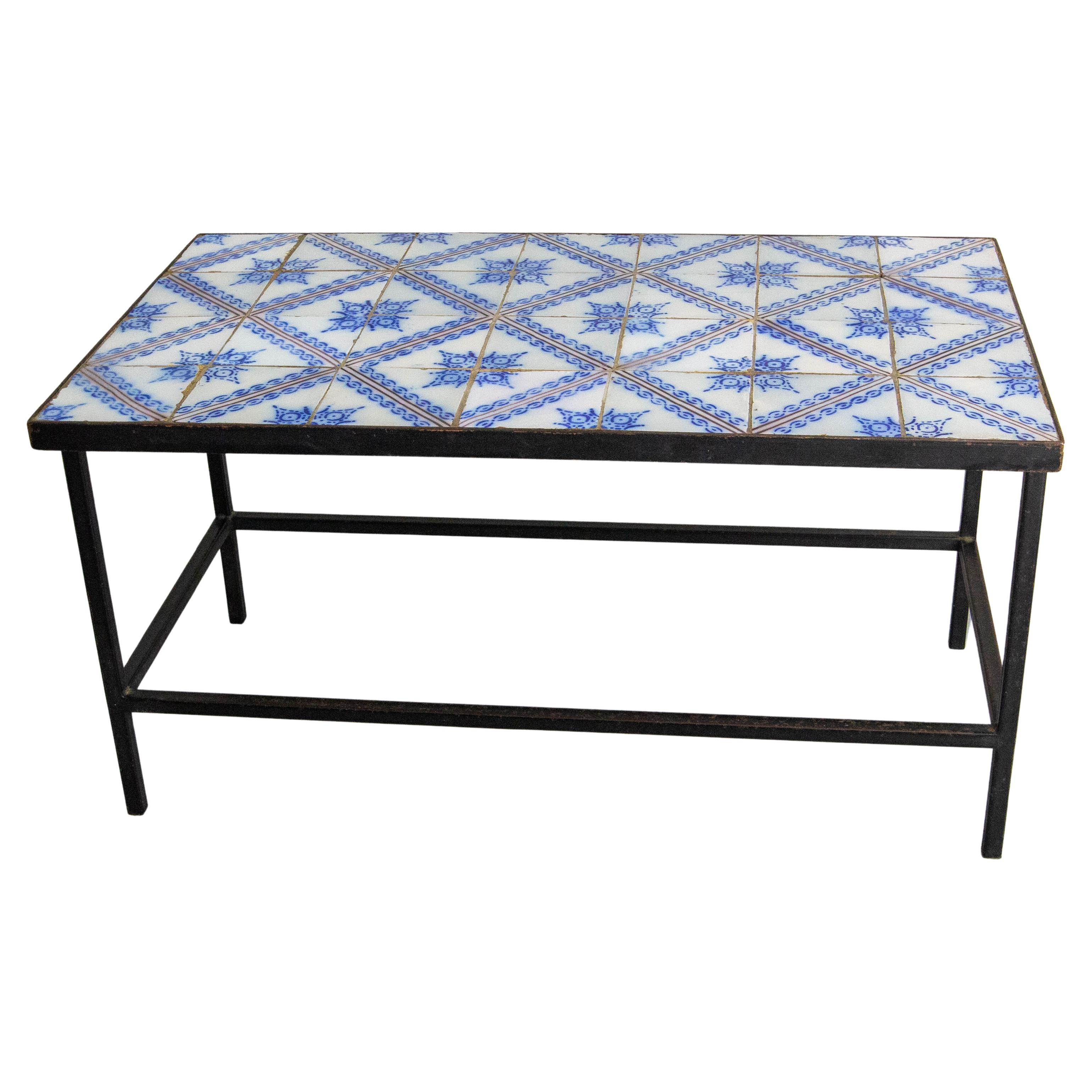 French Coffee Table Blue Antique Glazed Ceramics & Metal, circa 1960