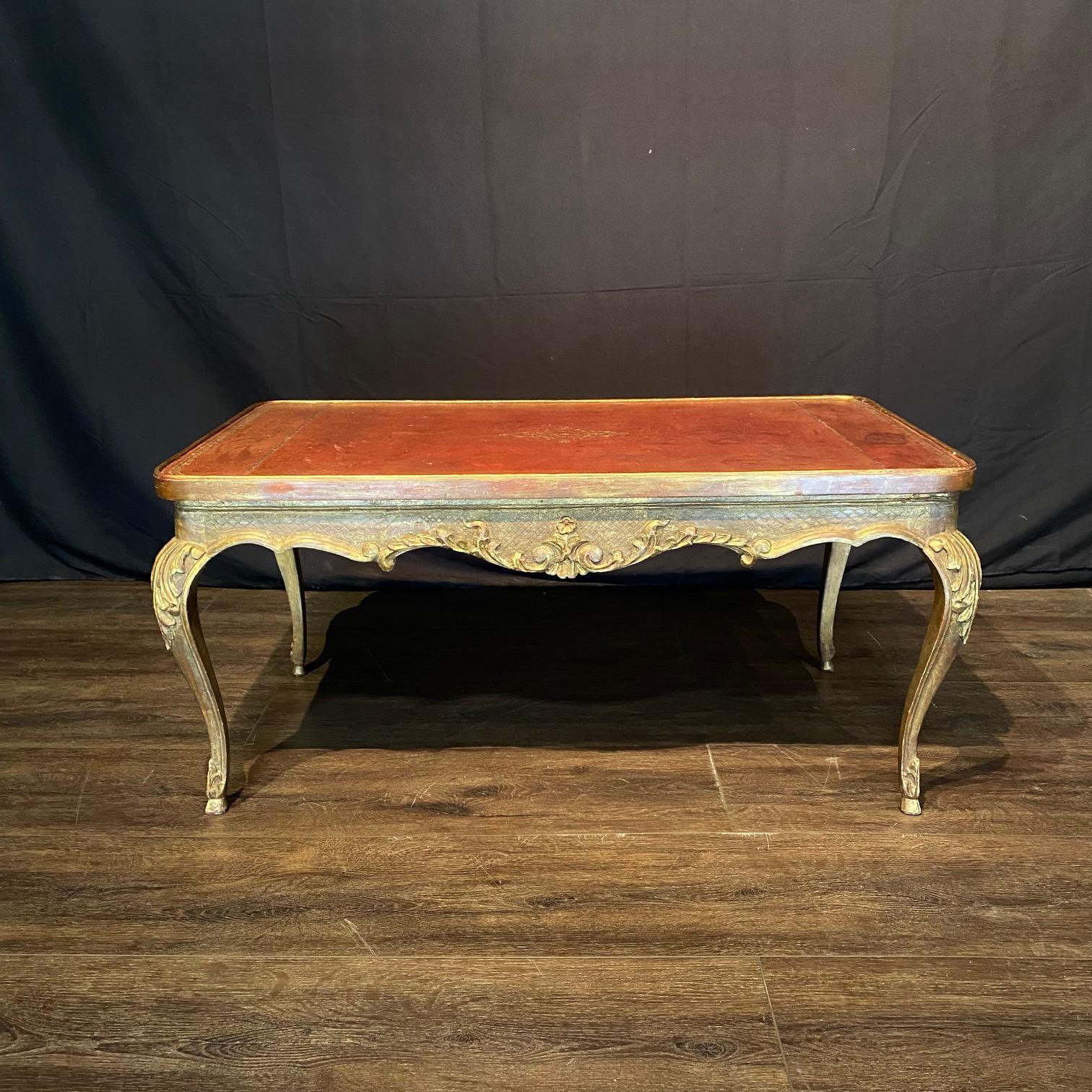French Coffee Table Gold Gilt Paint Carved with Leather Embossed Top For Sale 4