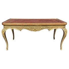 French Coffee Table Gold Gilt Paint Carved with Leather Embossed Top