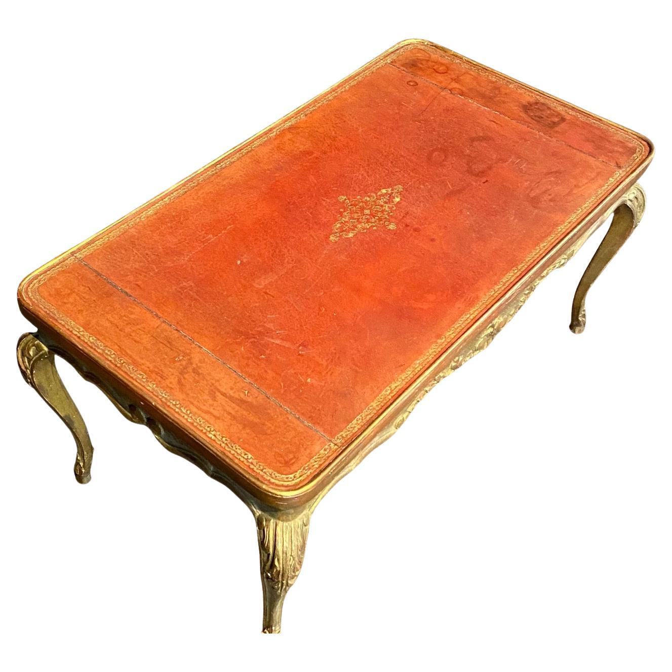 Louis XV French Coffee Table Gold Gilt Paint Carved with Leather Embossed Top For Sale