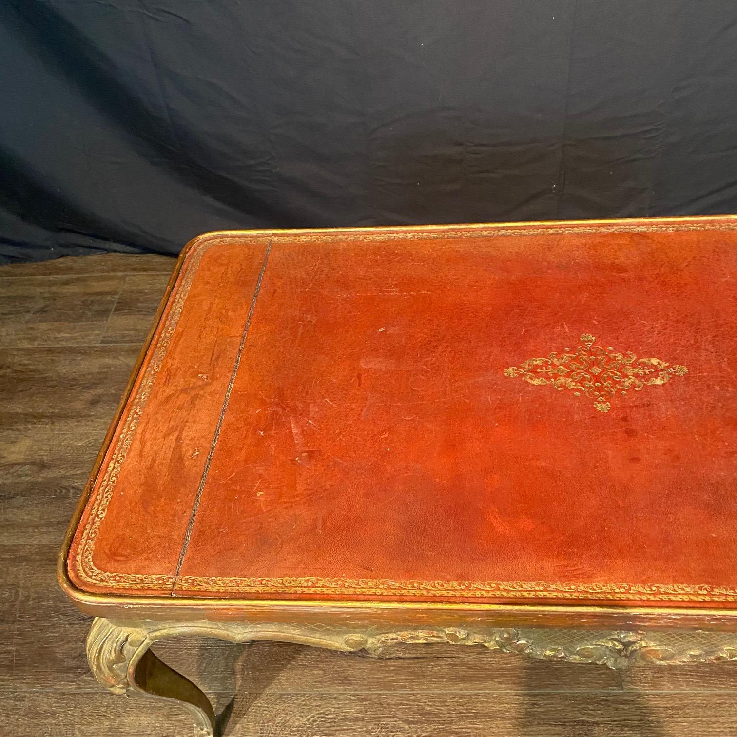 French Coffee Table Gold Gilt Paint Carved with Leather Embossed Top In Good Condition For Sale In Hopewell, NJ