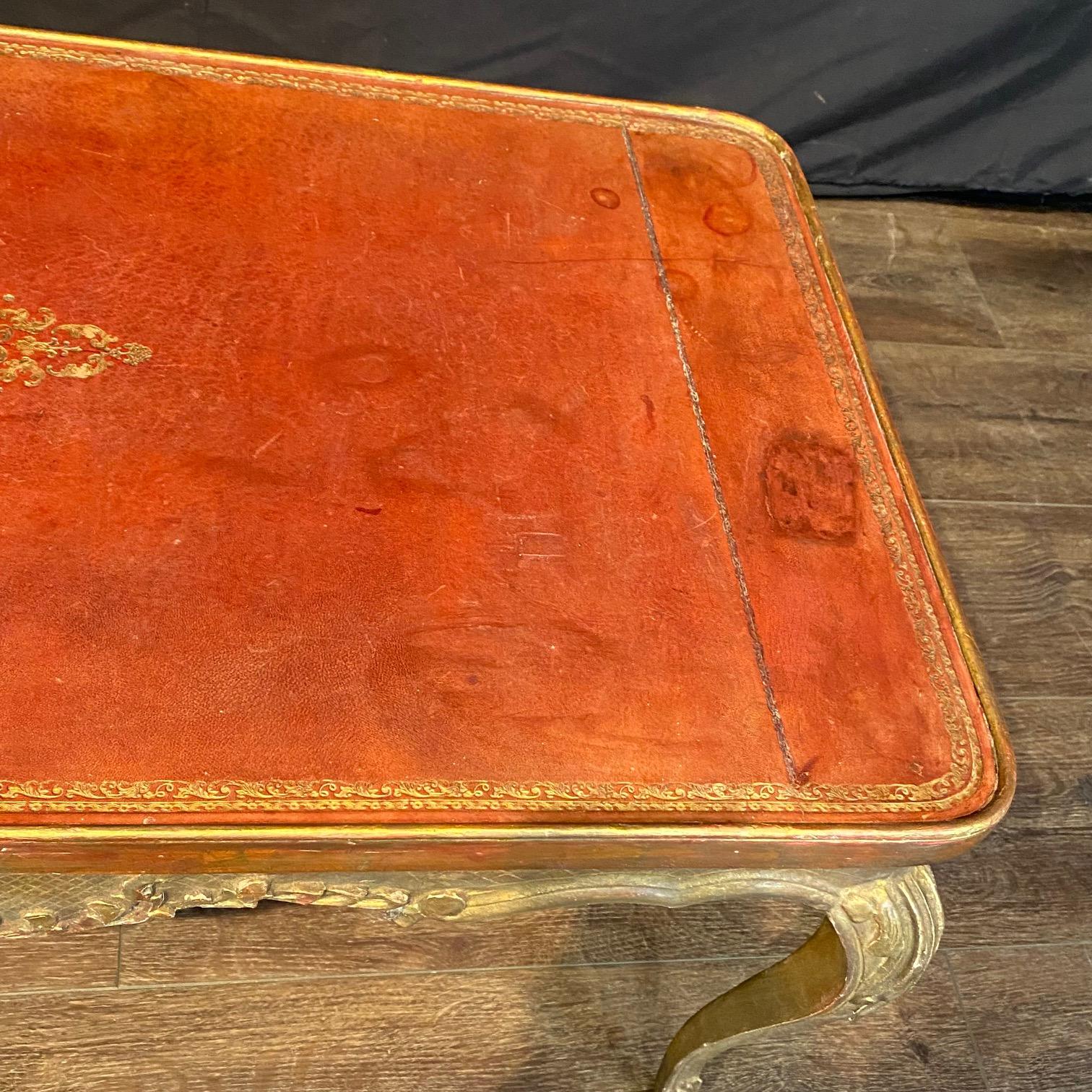 Marble French Coffee Table Gold Gilt Paint Carved with Leather Embossed Top For Sale