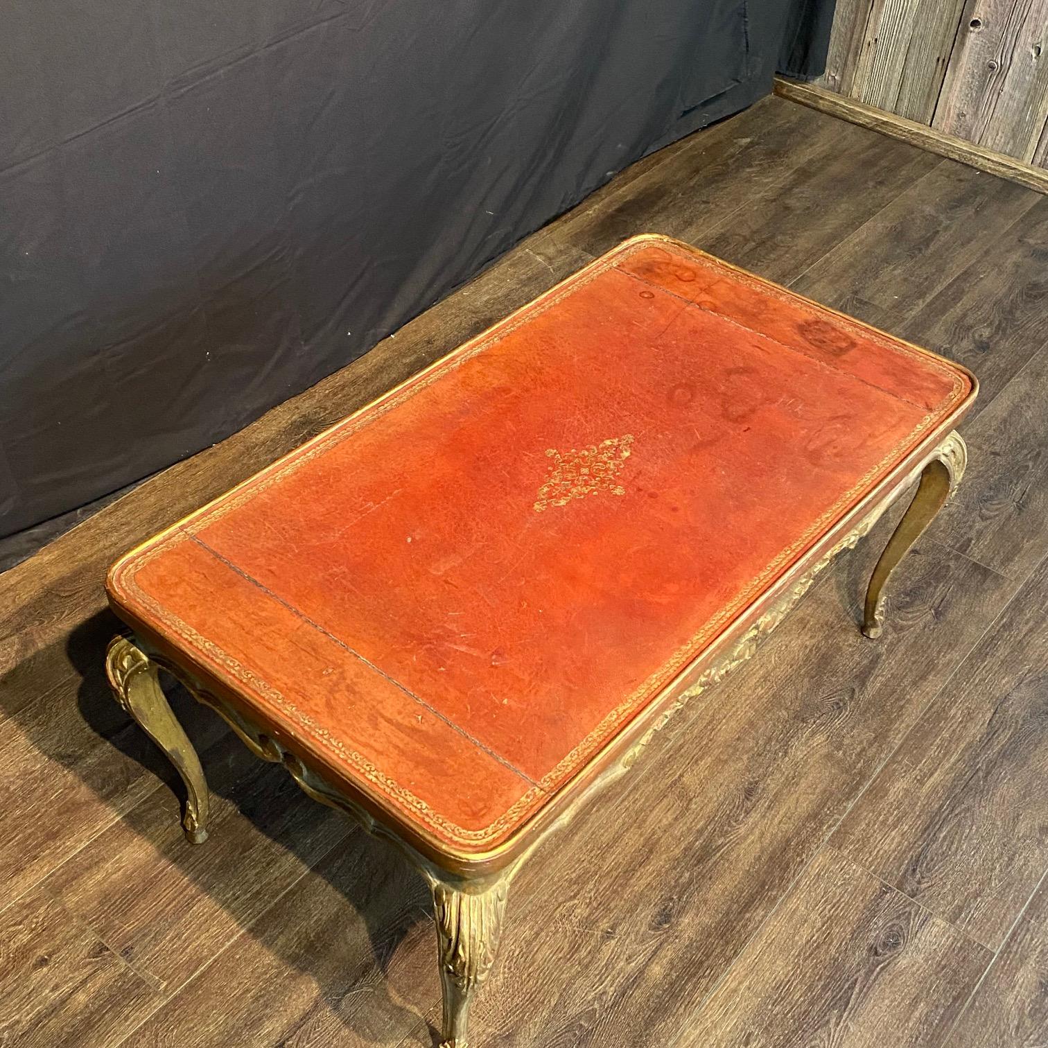French Coffee Table Gold Gilt Paint Carved with Leather Embossed Top For Sale 1
