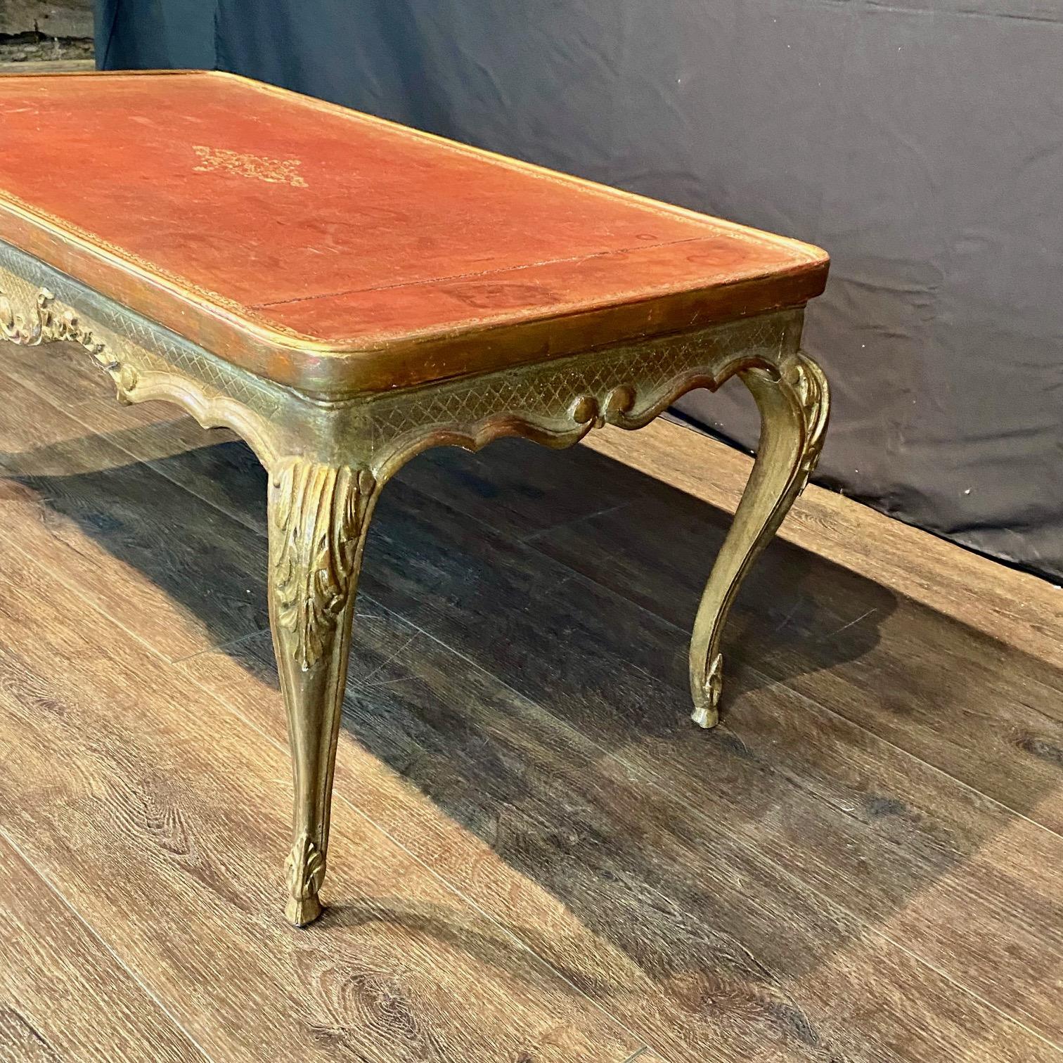 French Coffee Table Gold Gilt Paint Carved with Leather Embossed Top For Sale 2