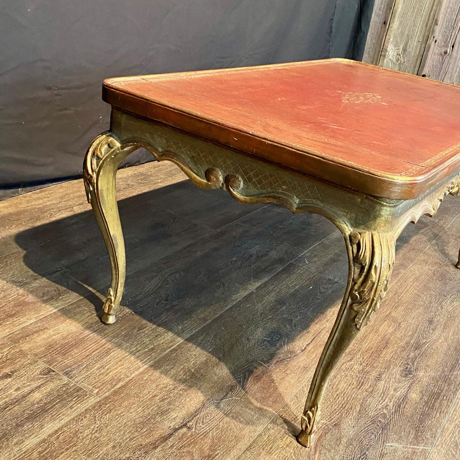 French Coffee Table Gold Gilt Paint Carved with Leather Embossed Top For Sale 3