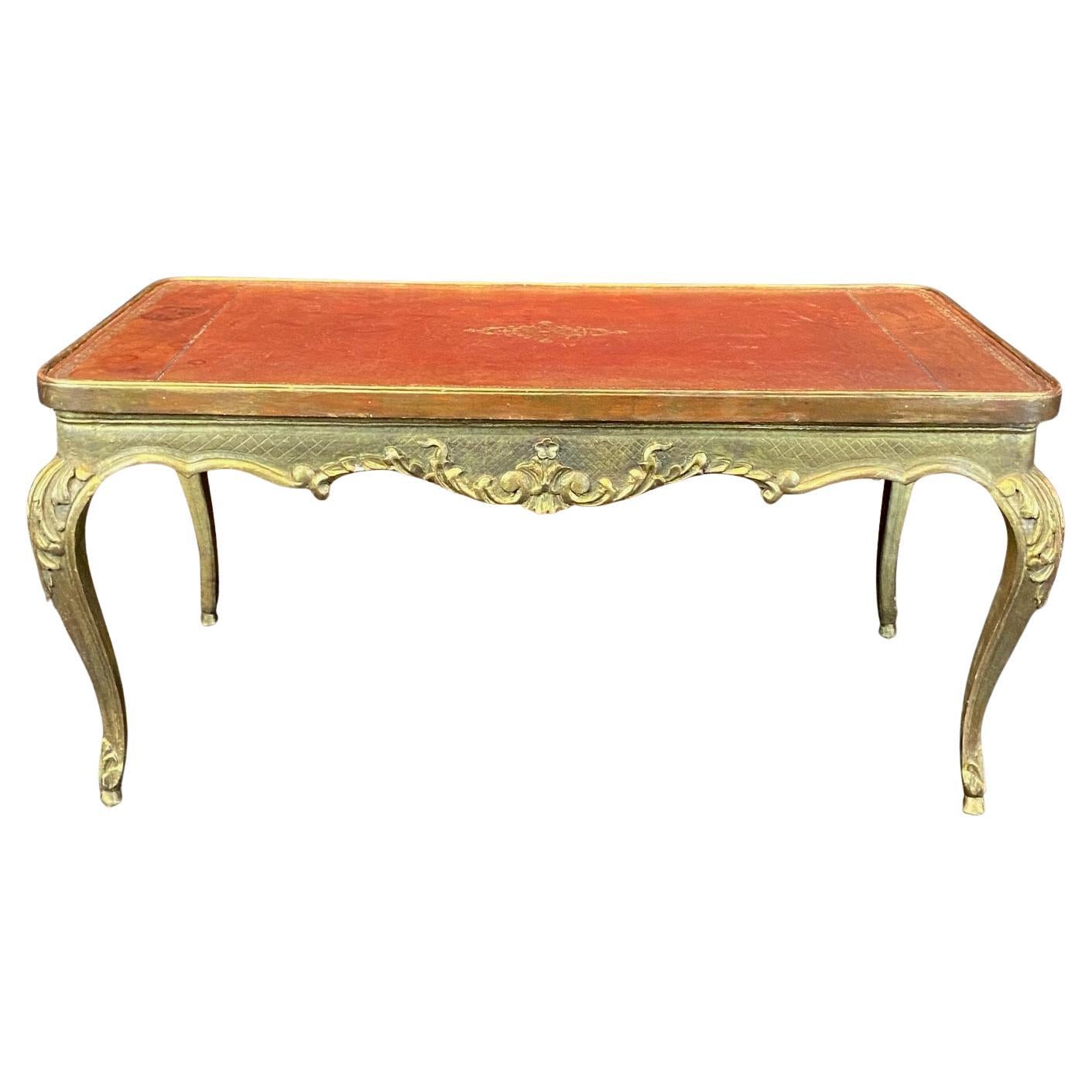 French Coffee Table Gold Gilt Paint Carved with Leather Embossed Top For Sale