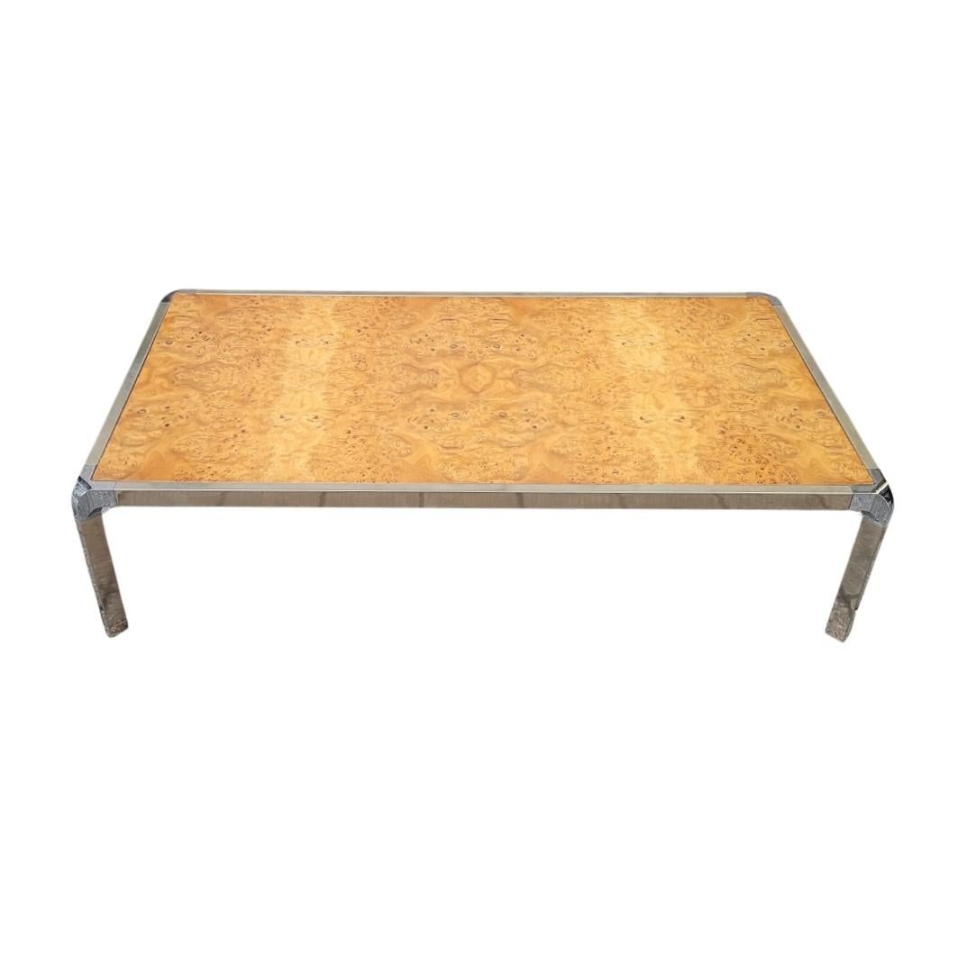 Table basse française style Guy Lefevre, bois de ronce et acier en vente 10