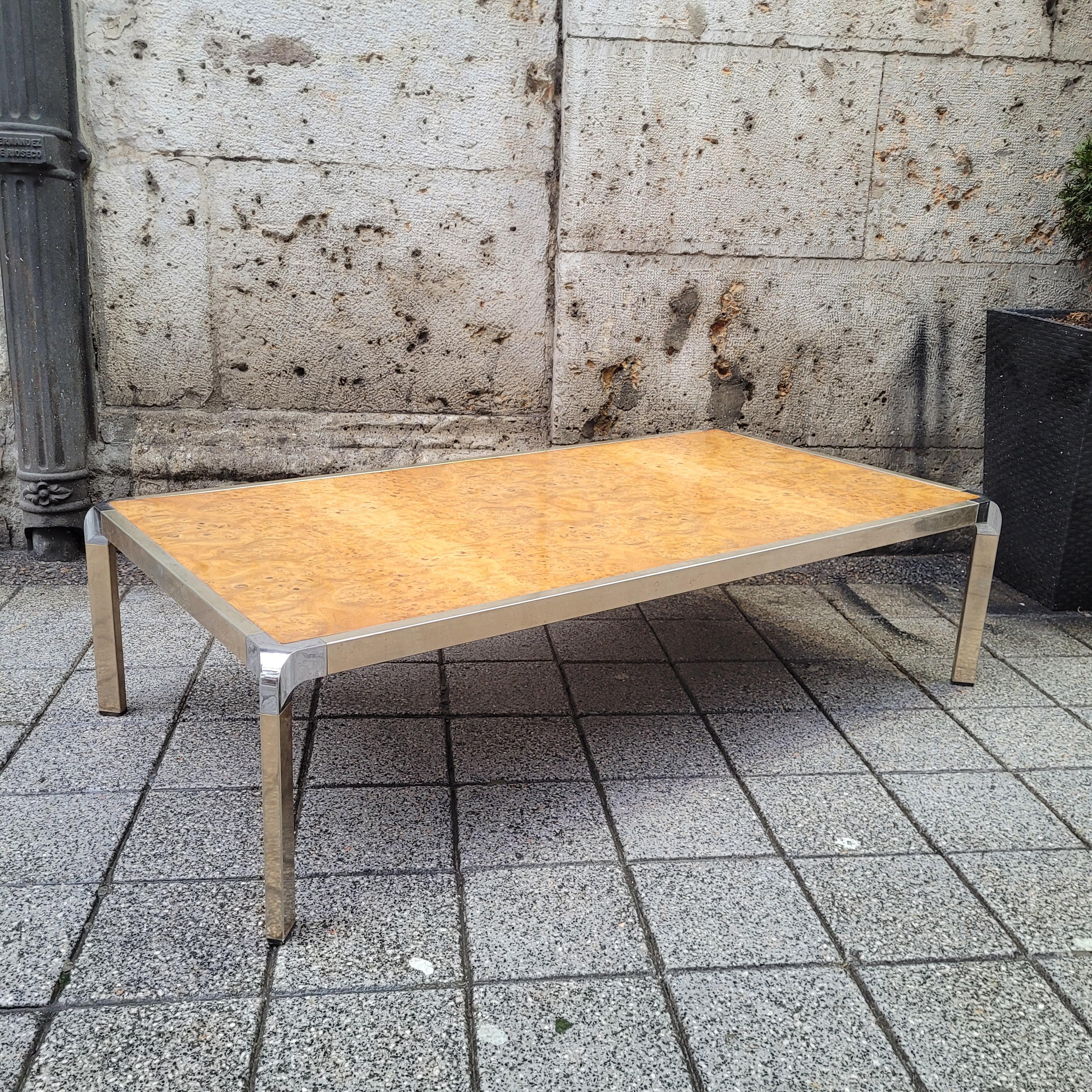Fait main Table basse française style Guy Lefevre, bois de ronce et acier en vente