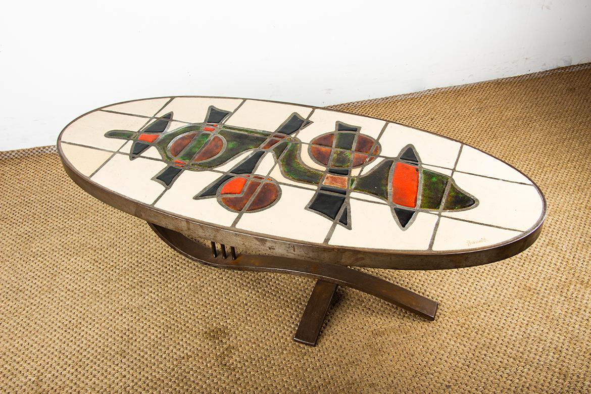 Tavolino francese in acciaio cromato e ceramica di Barrois Vallauris 1960. in vendita 4