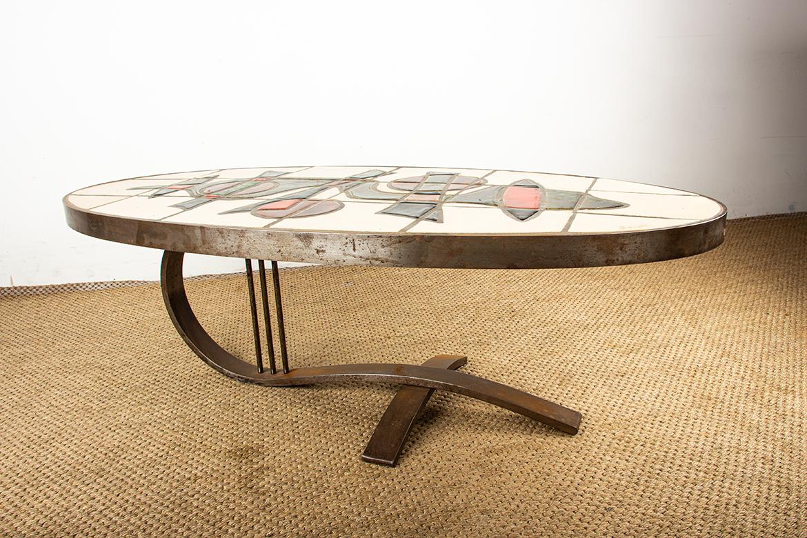 Tavolino francese in acciaio cromato e ceramica di Barrois Vallauris 1960. in vendita 5