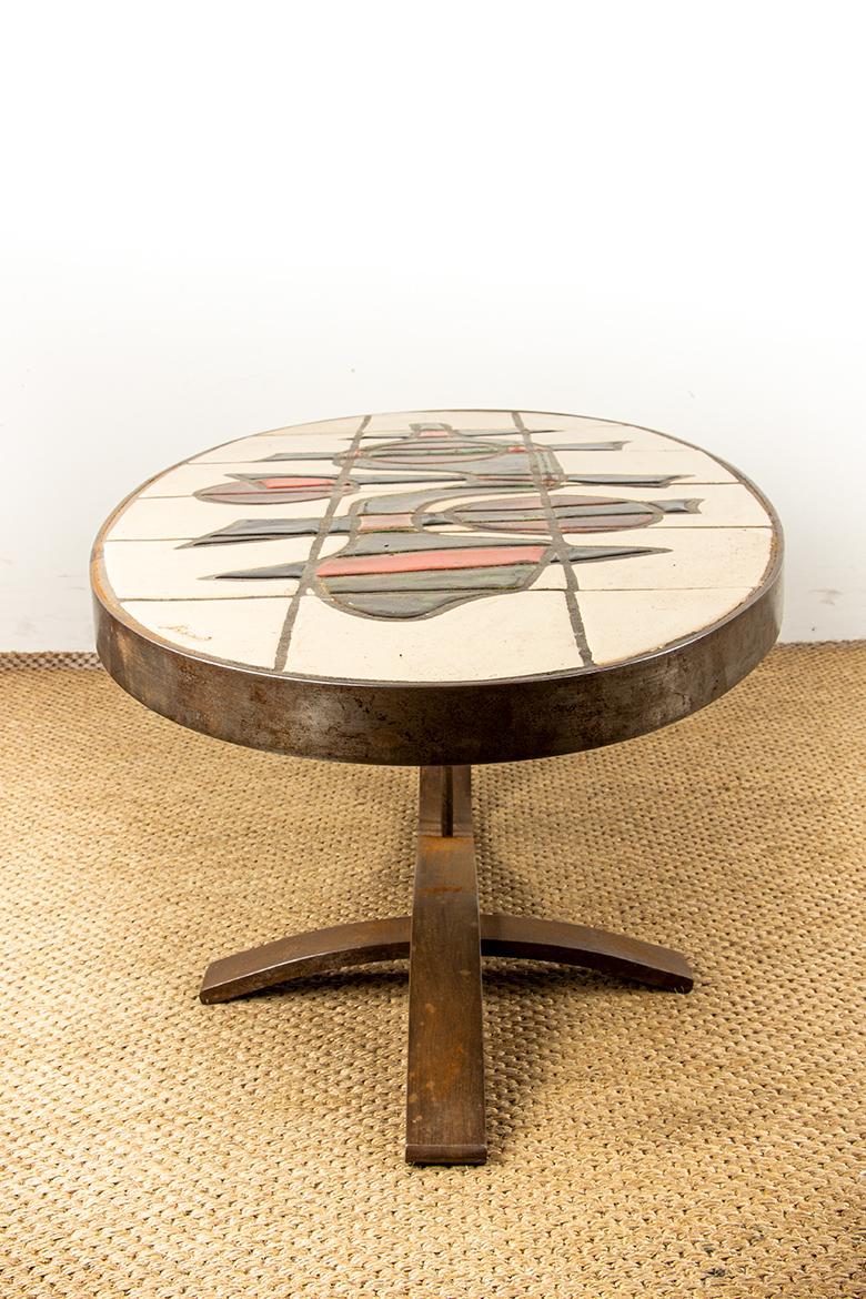 Tavolino francese in acciaio cromato e ceramica di Barrois Vallauris 1960. in vendita 6