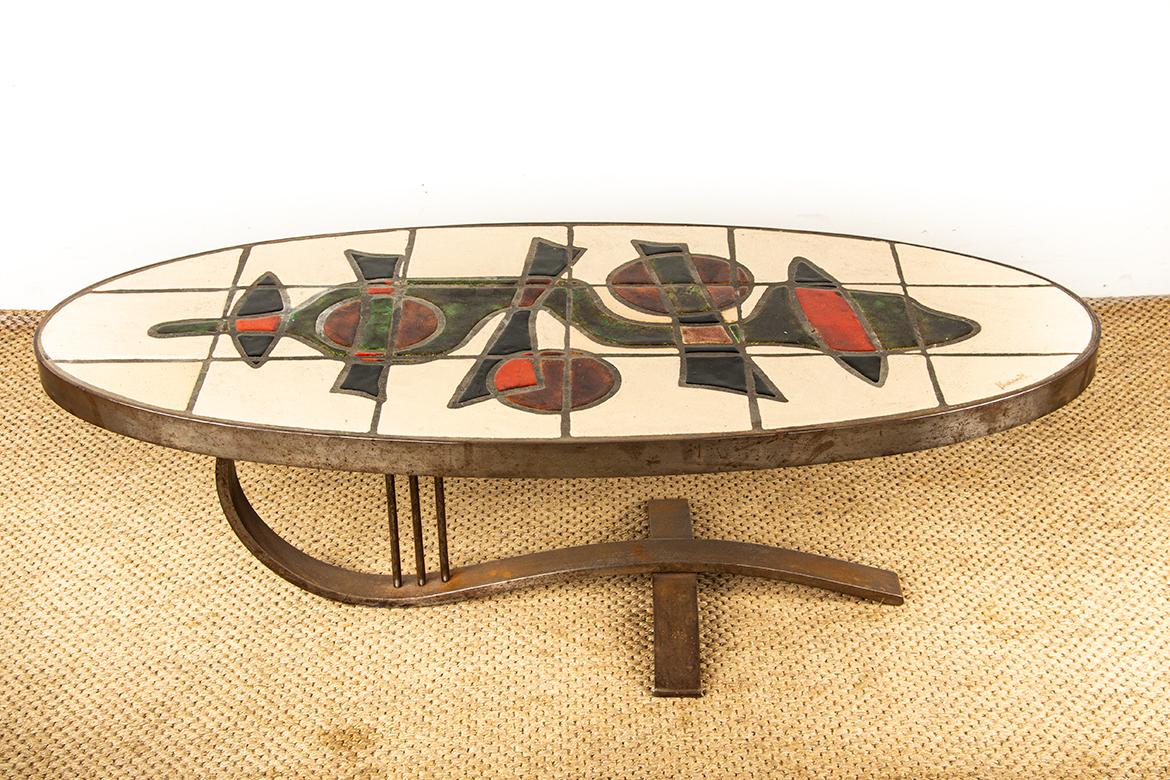 Francese Tavolino francese in acciaio cromato e ceramica di Barrois Vallauris 1960. in vendita