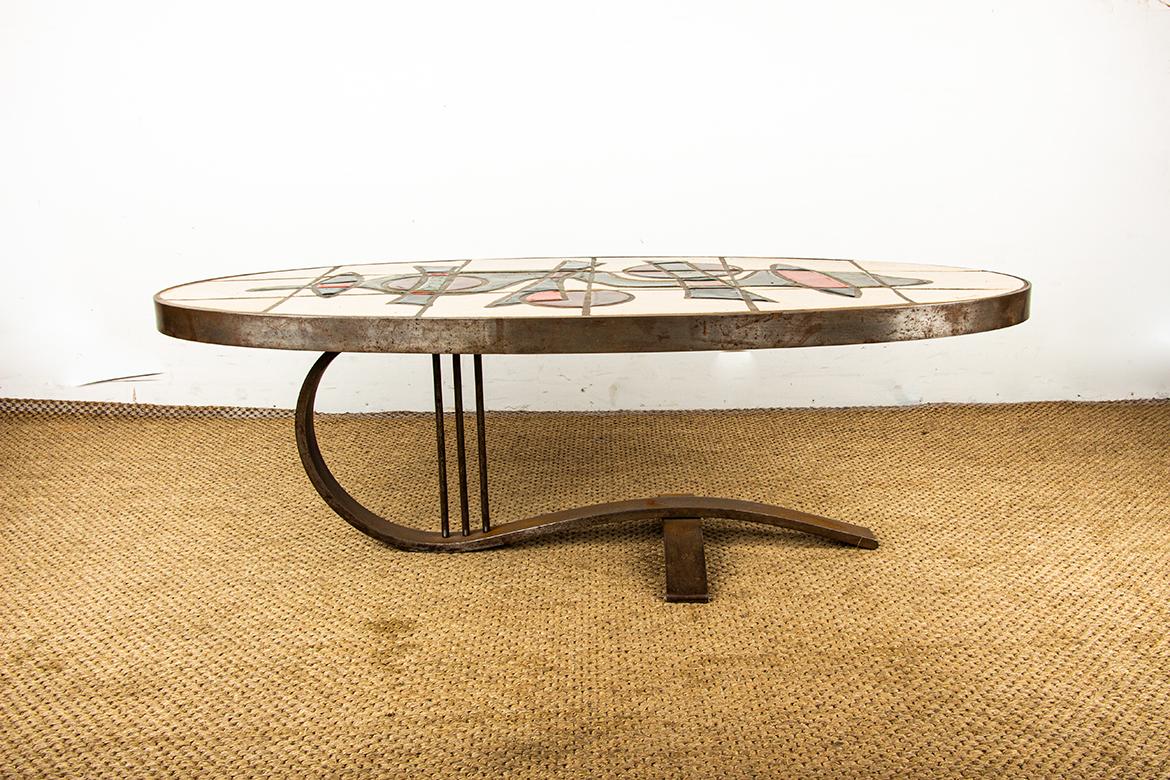Metà XX secolo Tavolino francese in acciaio cromato e ceramica di Barrois Vallauris 1960. in vendita