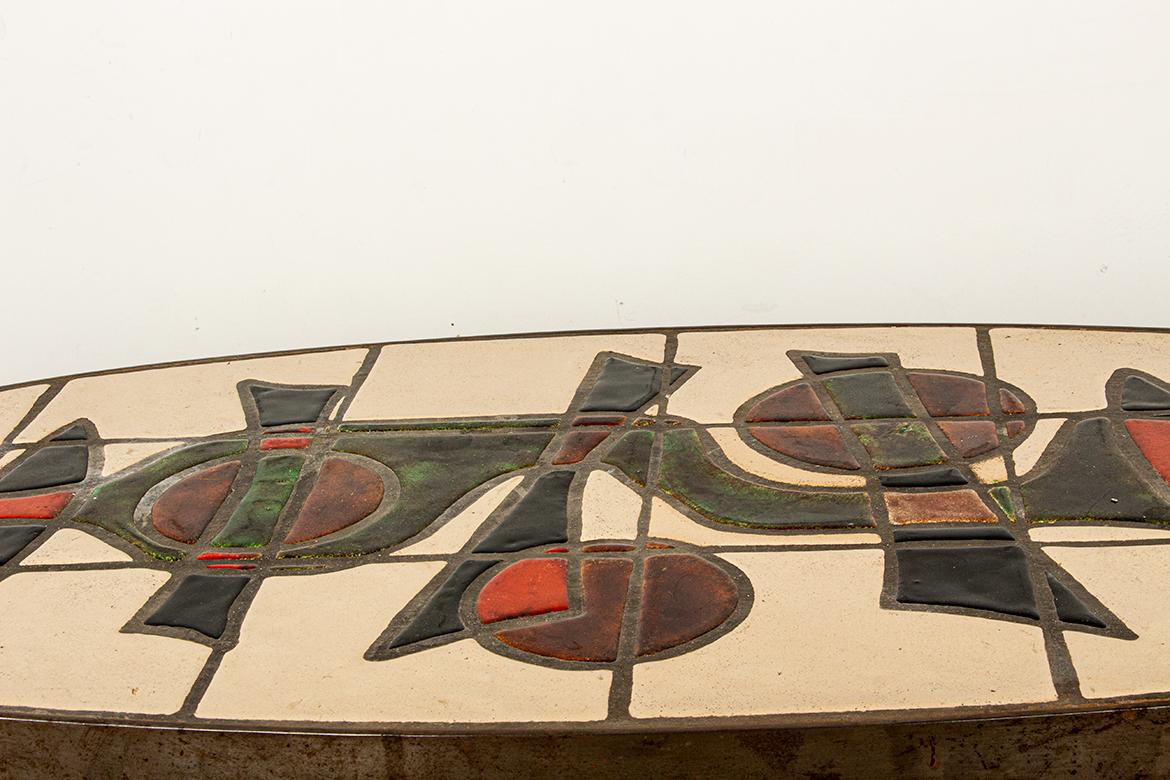 Ceramica Tavolino francese in acciaio cromato e ceramica di Barrois Vallauris 1960. in vendita