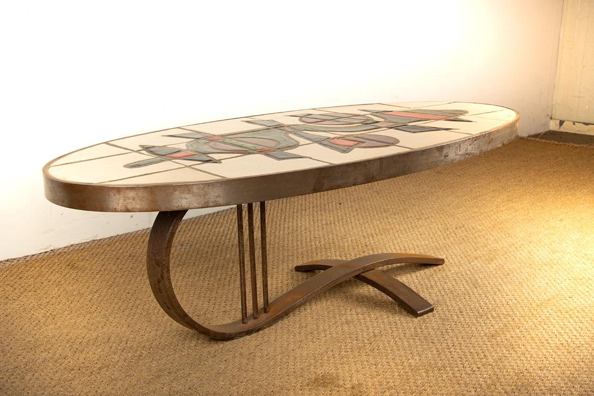Tavolino francese in acciaio cromato e ceramica di Barrois Vallauris 1960. in vendita 1