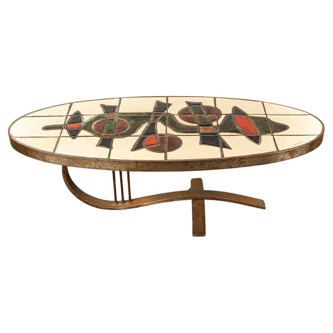 Tavolino francese in acciaio cromato e ceramica di Barrois Vallauris 1960. in vendita