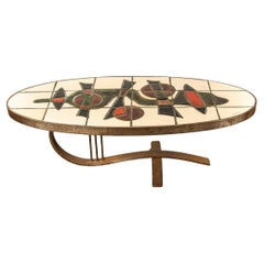 Table basse française en acier chromé et céramique par Barrois Vallauris 1960.