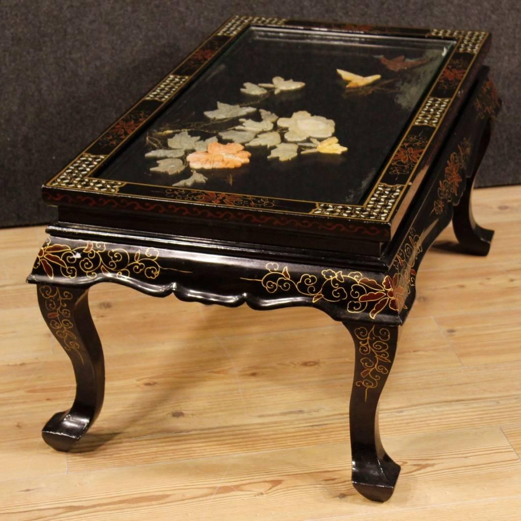 Glass French Coffee Table in Lacquered, Gilt, Painted Chinoiserie Wood, 20th Century
