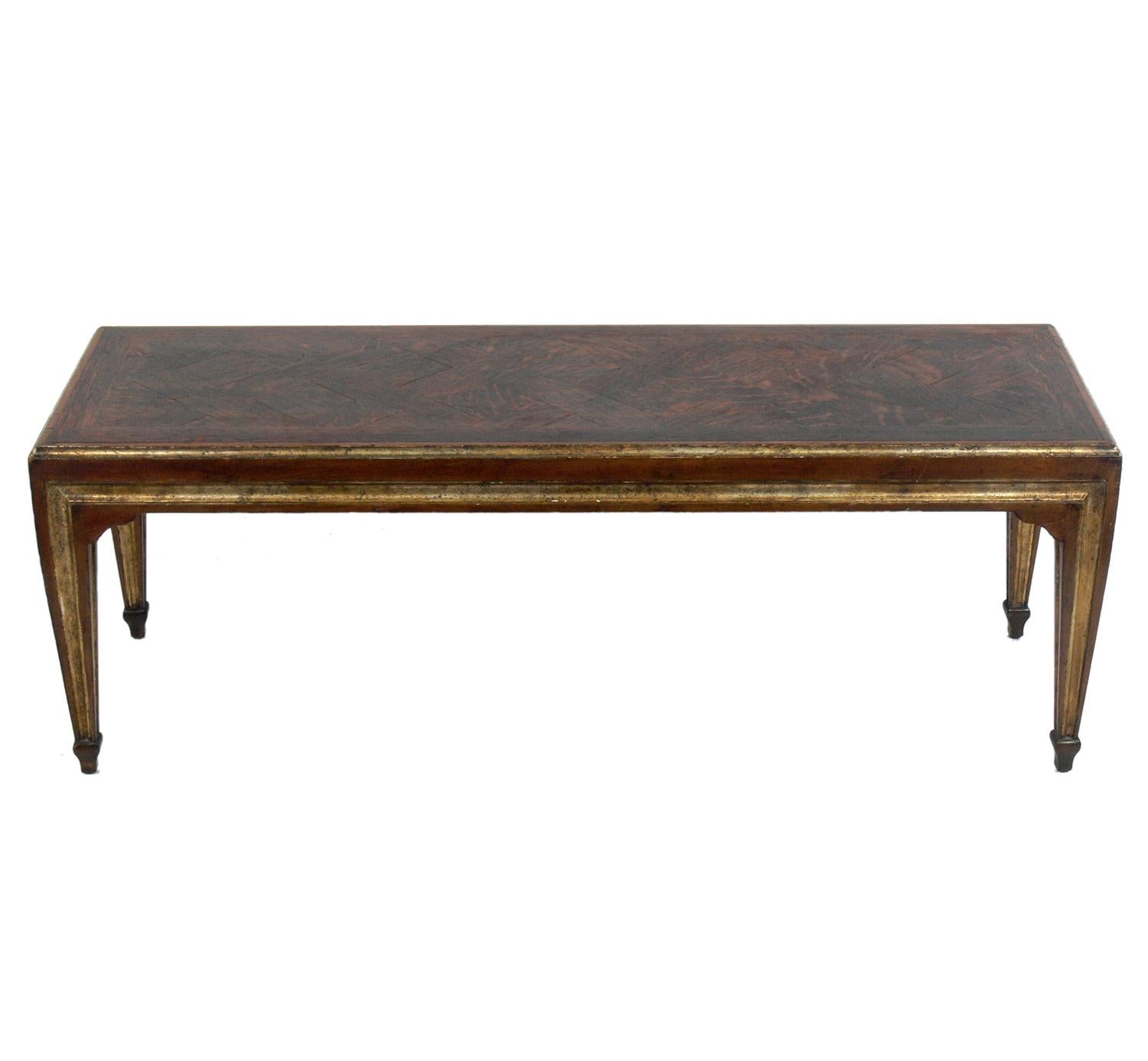 French coffee table in oak parquet and silver leaf, France, circa 1940s, possibly earlier. It is a versatile size and can be used as a coffee table or bench.