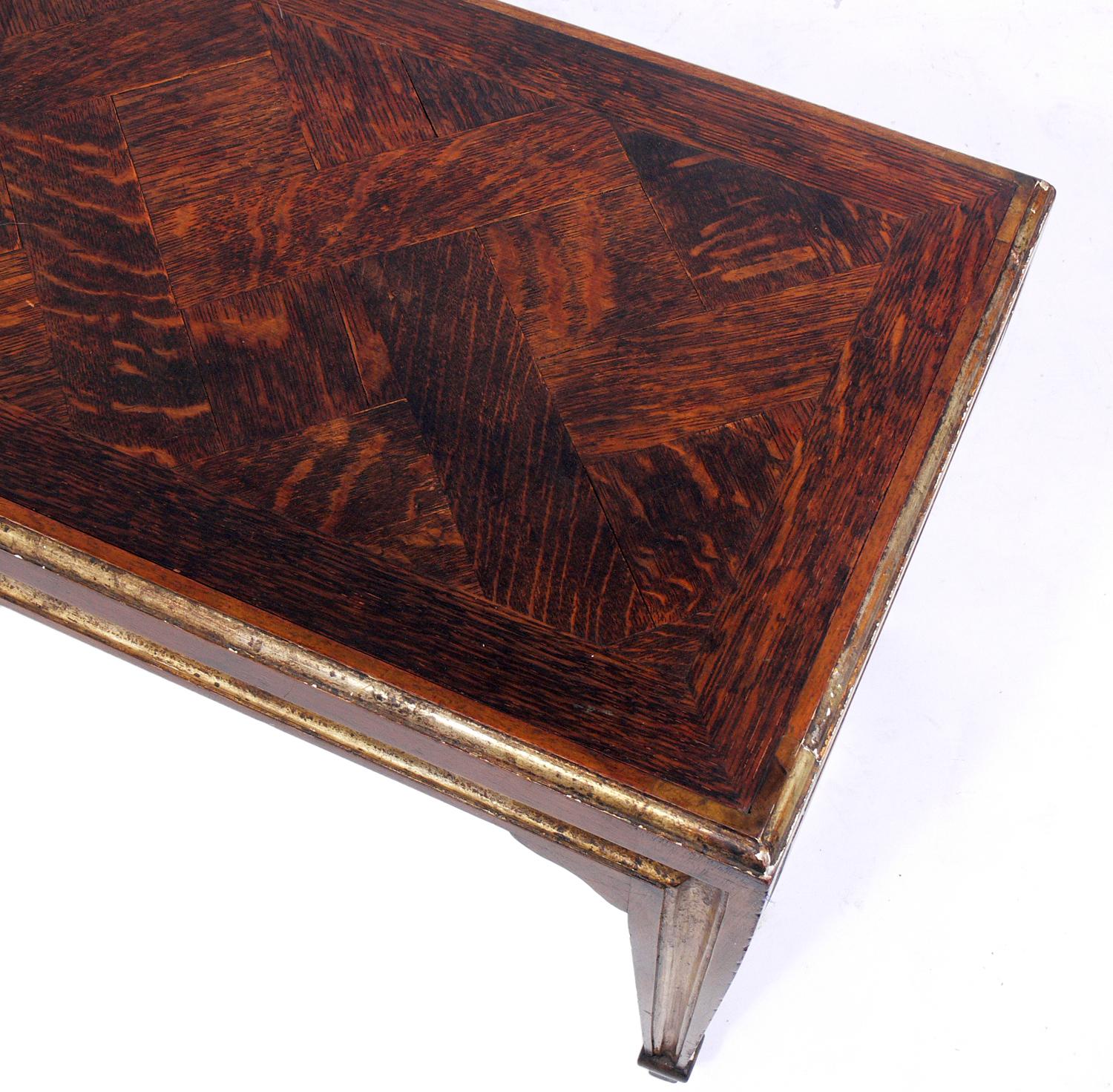 Hollywood Regency French Coffee Table in Oak Parquet and Silver Leaf