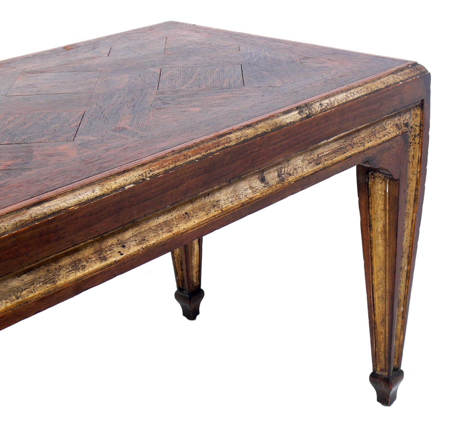 French Coffee Table in Oak Parquet and Silver Leaf In Distressed Condition In Atlanta, GA