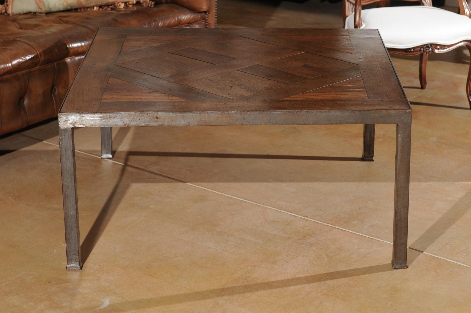 French Coffee Table Made of Antique Walnut Parquet Top on Custom Iron Base 5
