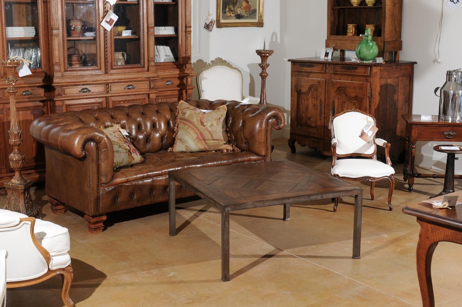 Parquetry French Coffee Table Made of Antique Walnut Parquet Top on Custom Iron Base