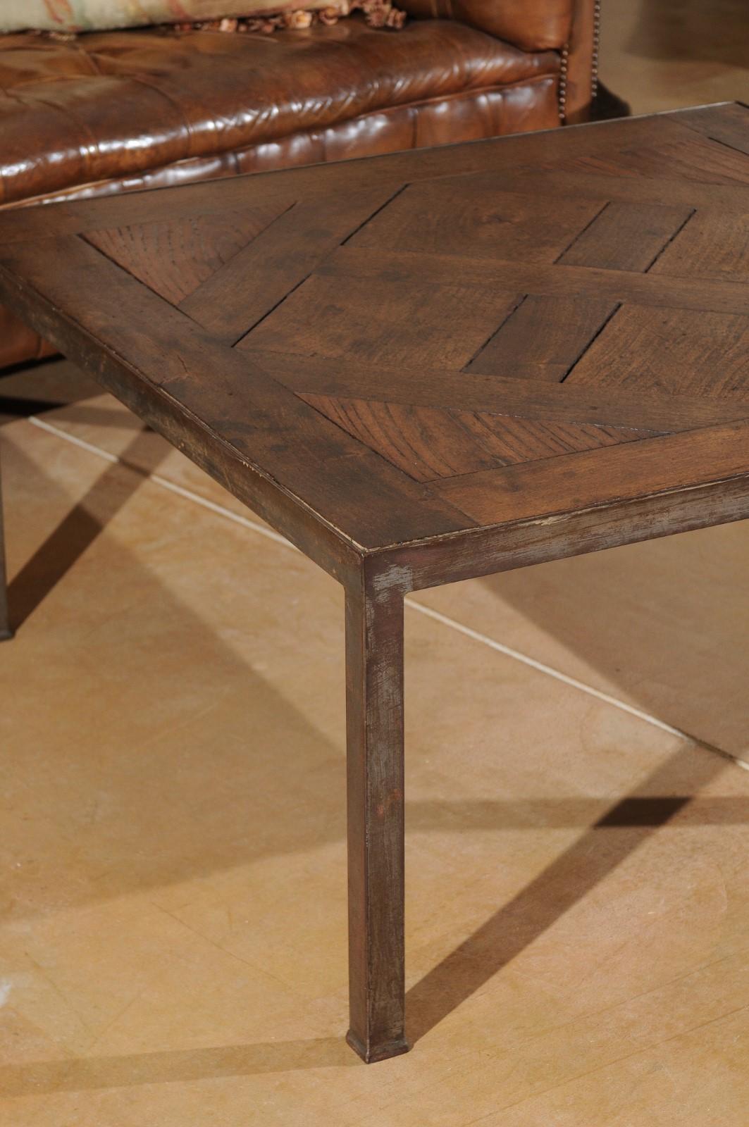 French Coffee Table Made of Antique Walnut Parquet Top on Custom Iron Base In Good Condition In Atlanta, GA