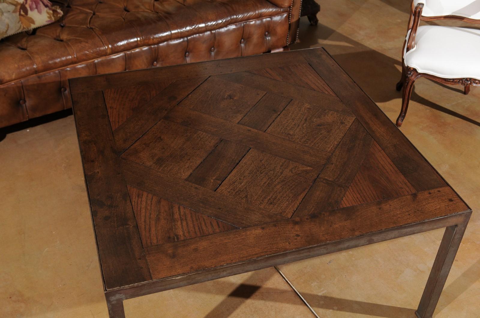 20th Century French Coffee Table Made of Antique Walnut Parquet Top on Custom Iron Base