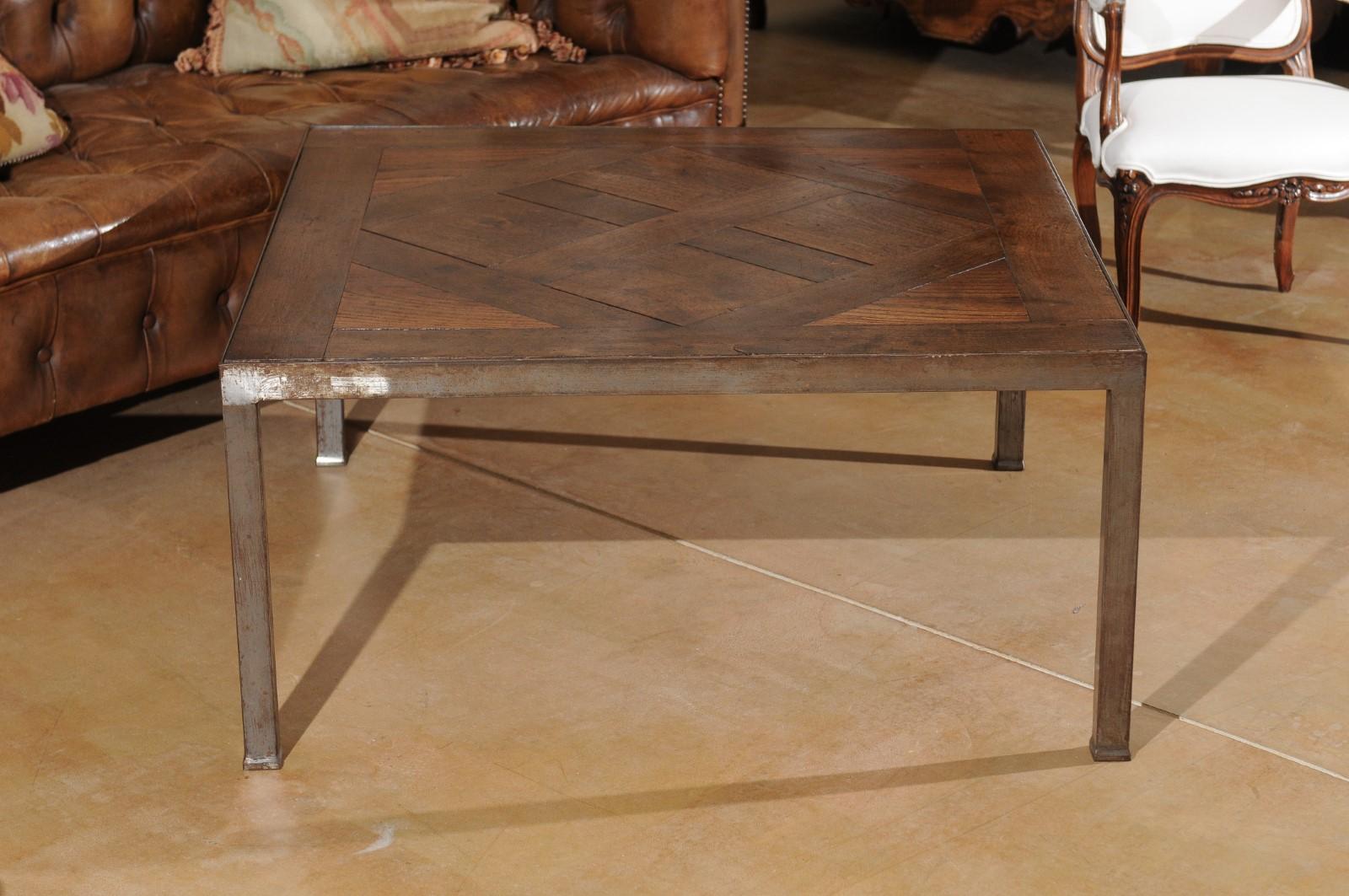French Coffee Table Made of Antique Walnut Parquet Top on Custom Iron Base 1