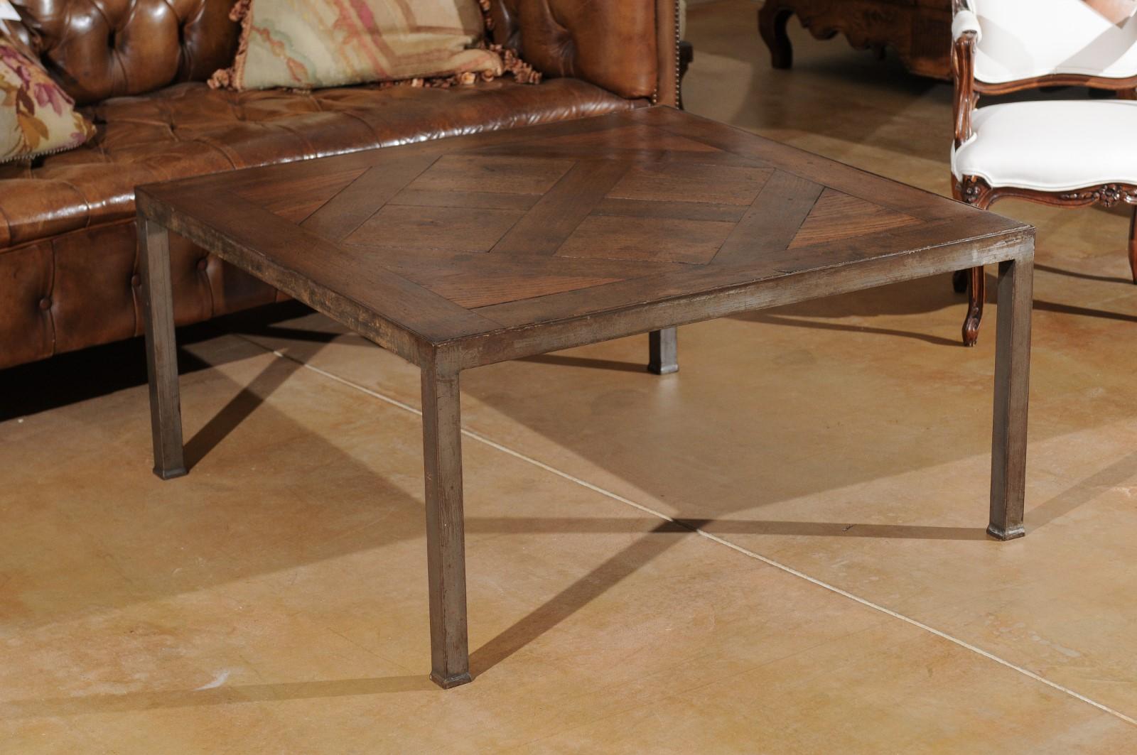 French Coffee Table Made of Antique Walnut Parquet Top on Custom Iron Base 2