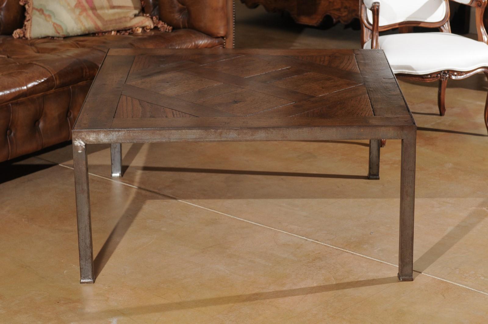 French Coffee Table Made of Antique Walnut Parquet Top on Custom Iron Base 3