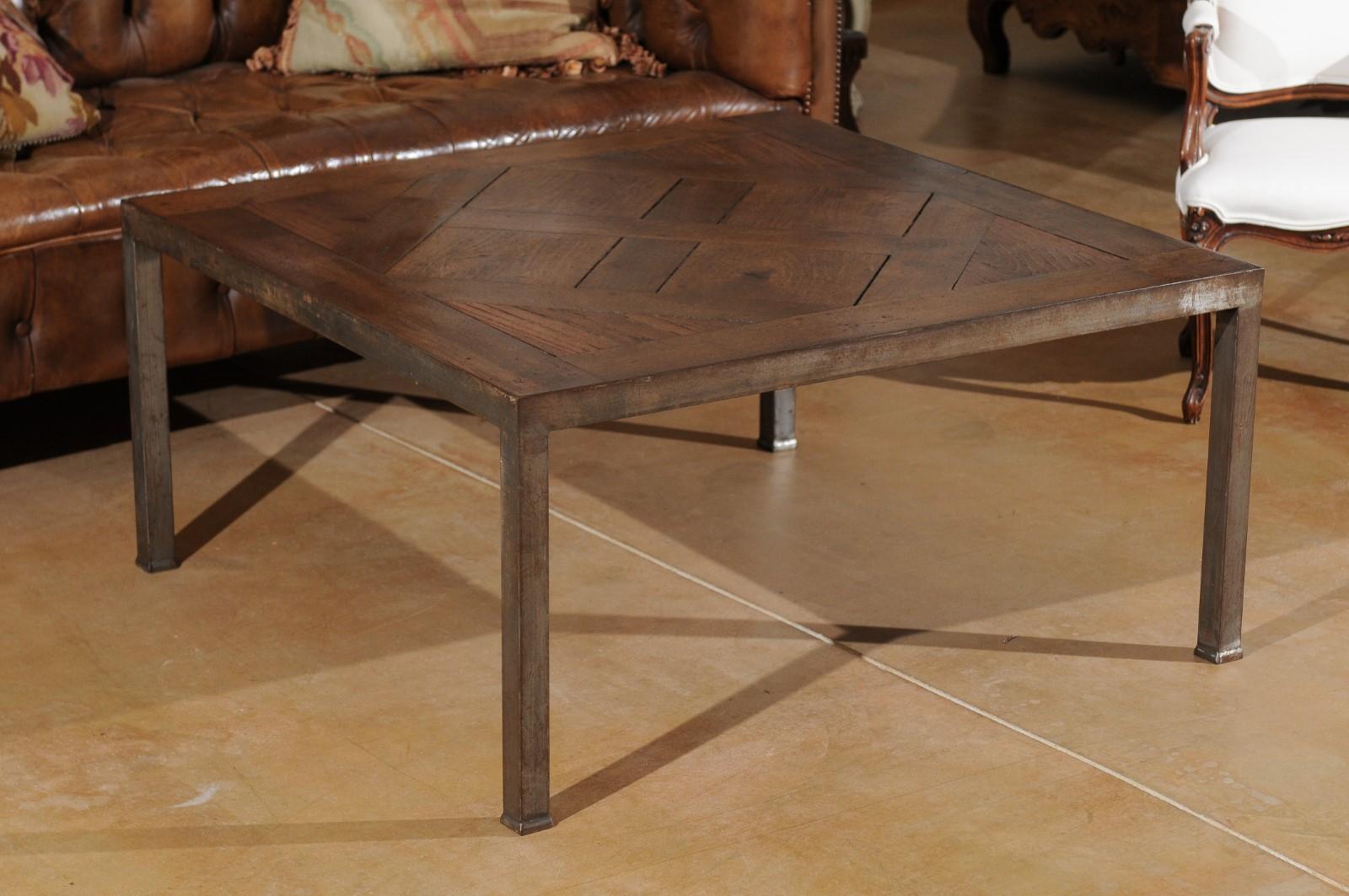 French Coffee Table Made of Antique Walnut Parquet Top on Custom Iron Base 4