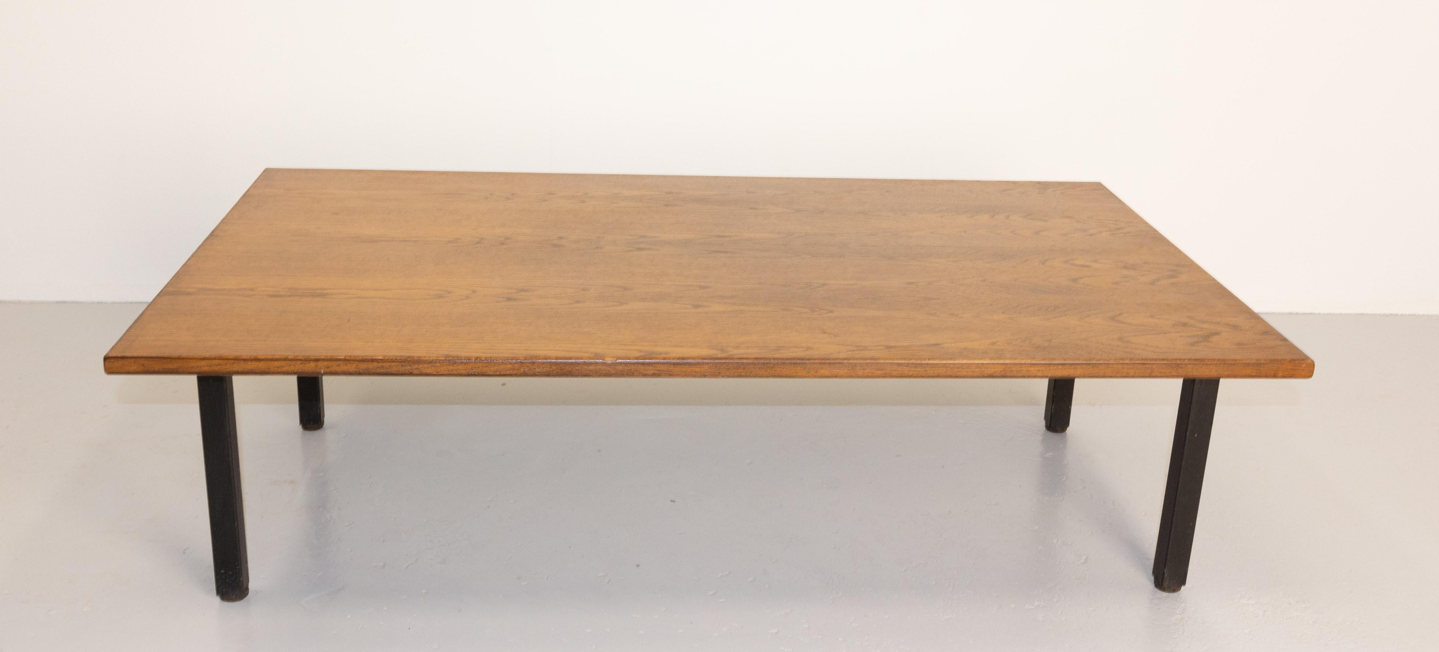Mid-Century Modern French Coffee Table, Massive Oak and Metal, circa 1970 For Sale