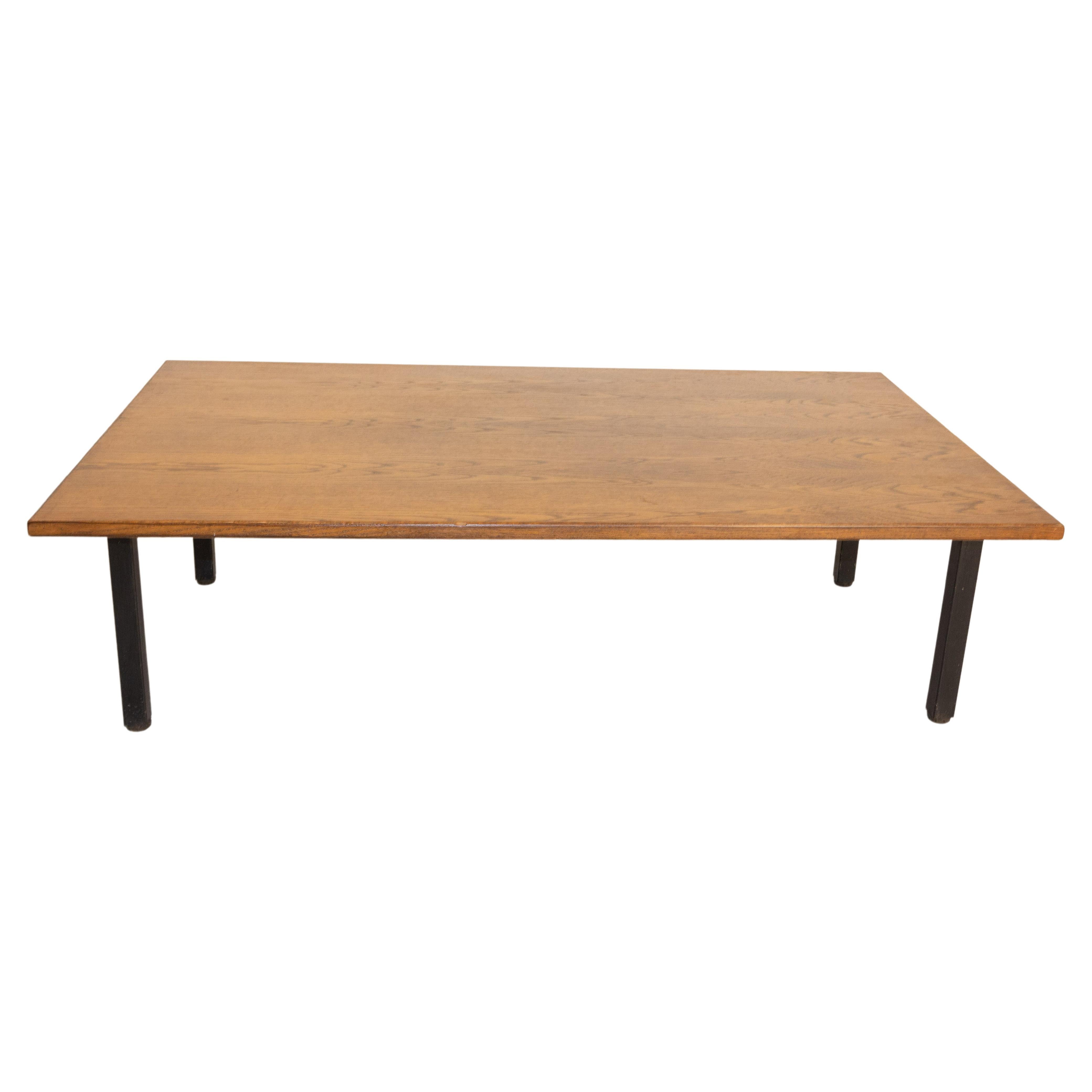 Table Basse Française Massive en Chêne et Métal, vers 1970