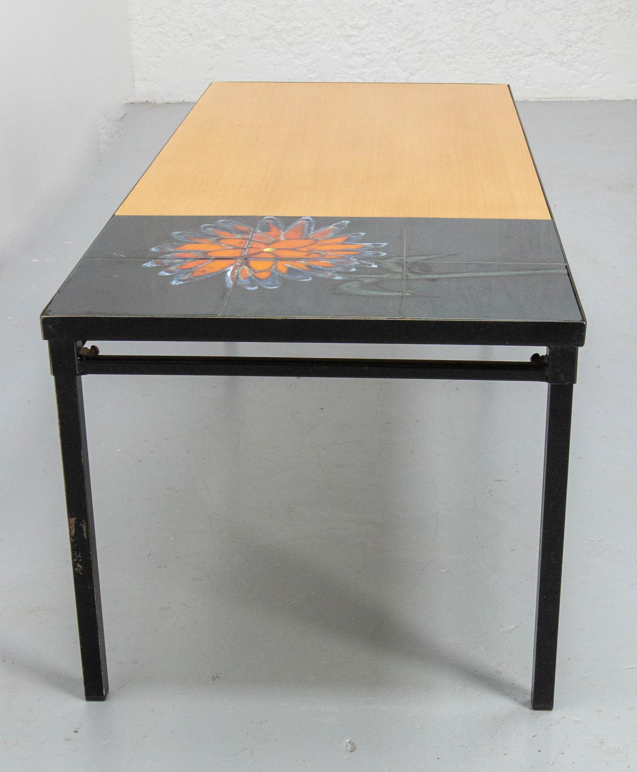 Mid-Century Modern French Coffee Table Vallauris Glazed Ceramics Poplar and Iron, circa 1970 For Sale