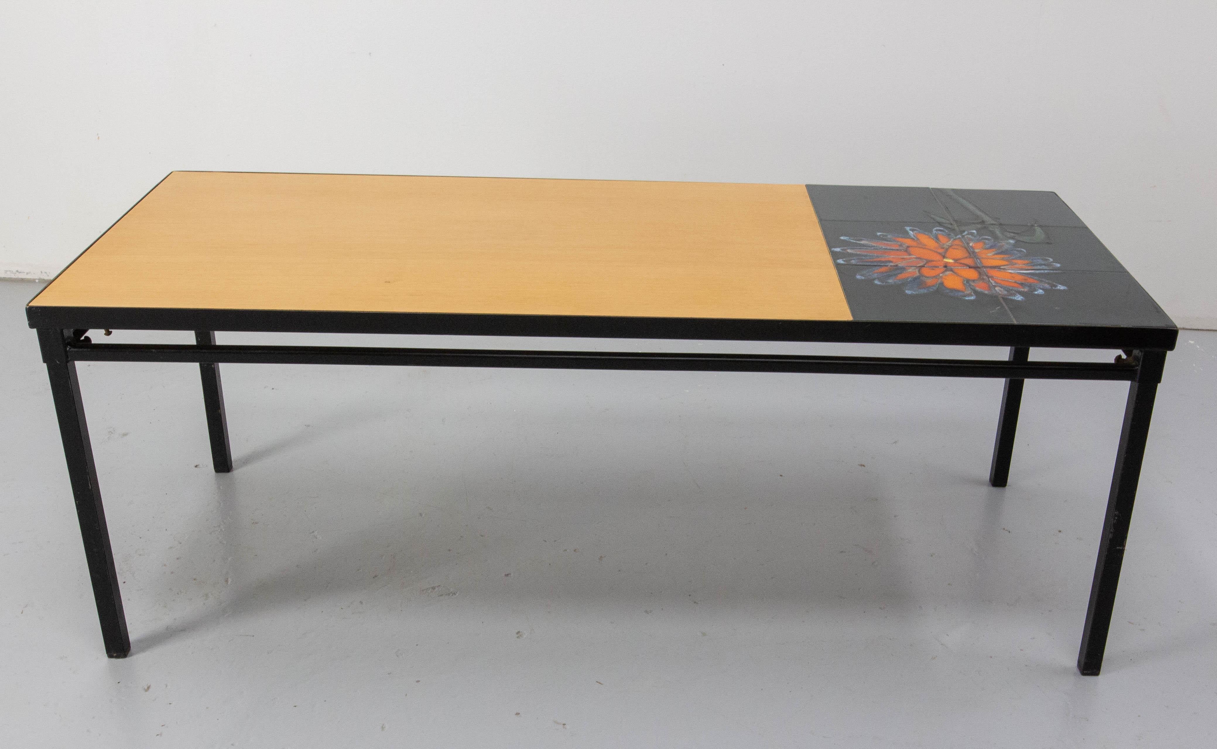 French Coffee Table Vallauris Glazed Ceramics Poplar and Iron, circa 1970 For Sale 2