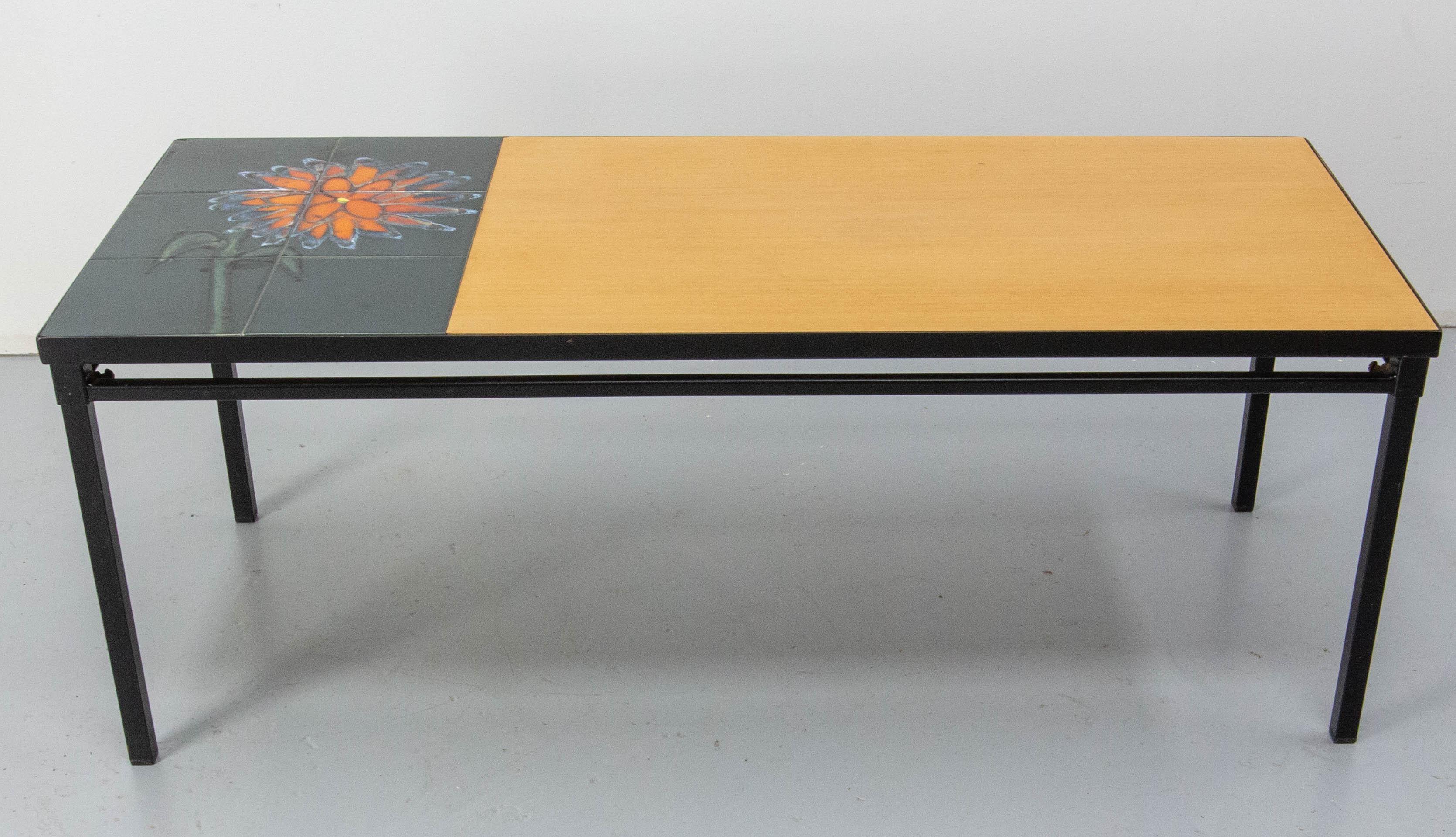 French Coffee Table Vallauris Glazed Ceramics Poplar and Iron, circa 1970 For Sale 3